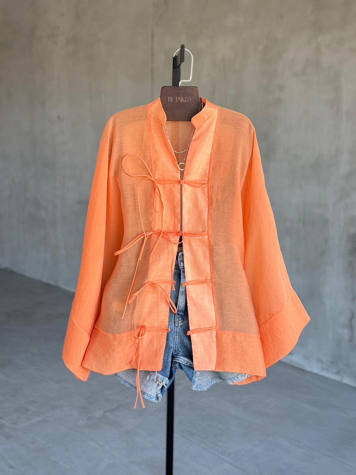 Premium Bağlama Detaylı Kimono Gömlek (Oranj)