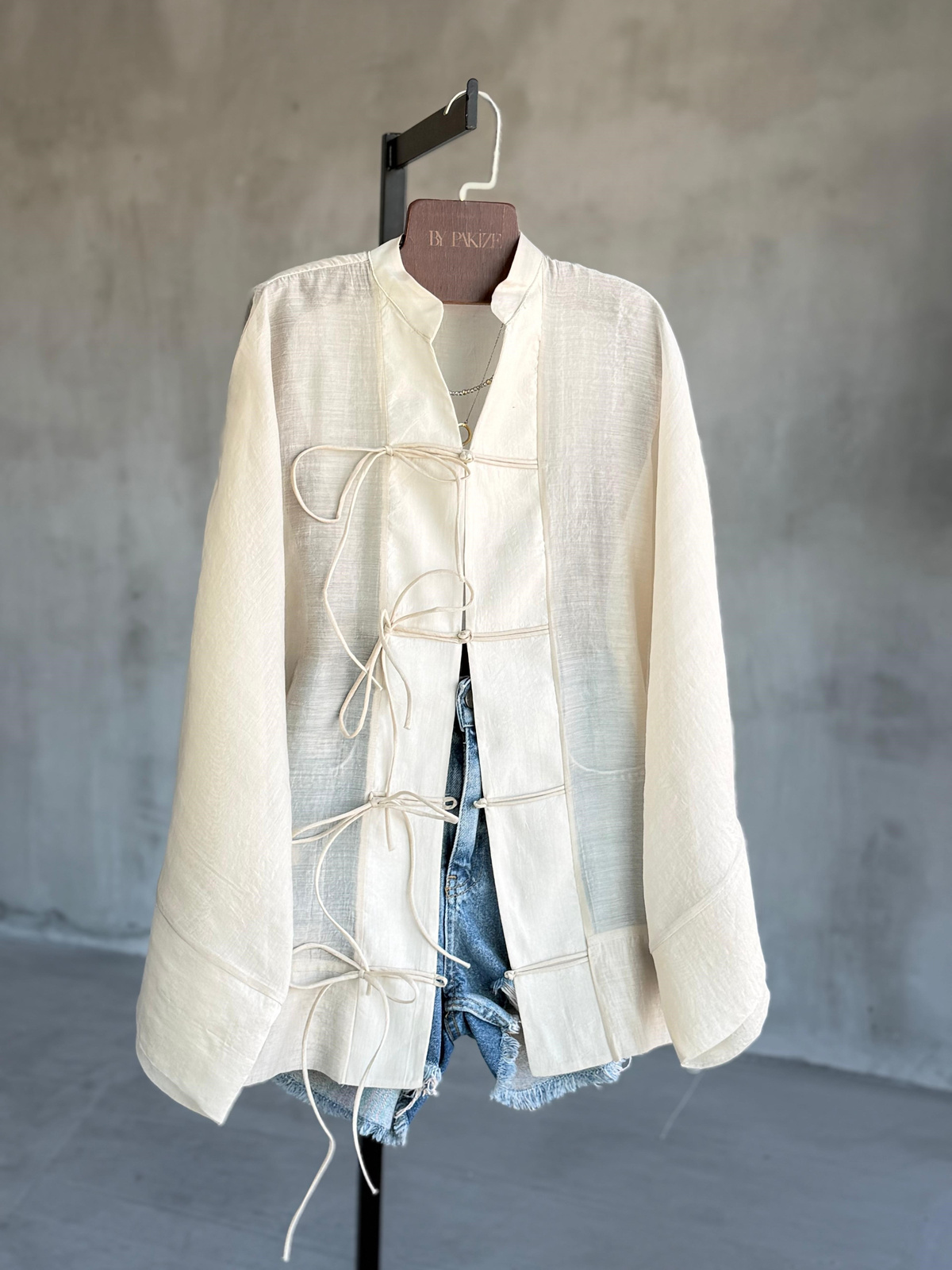 Premium Bağlama Detaylı Kimono Gömlek (Taş)