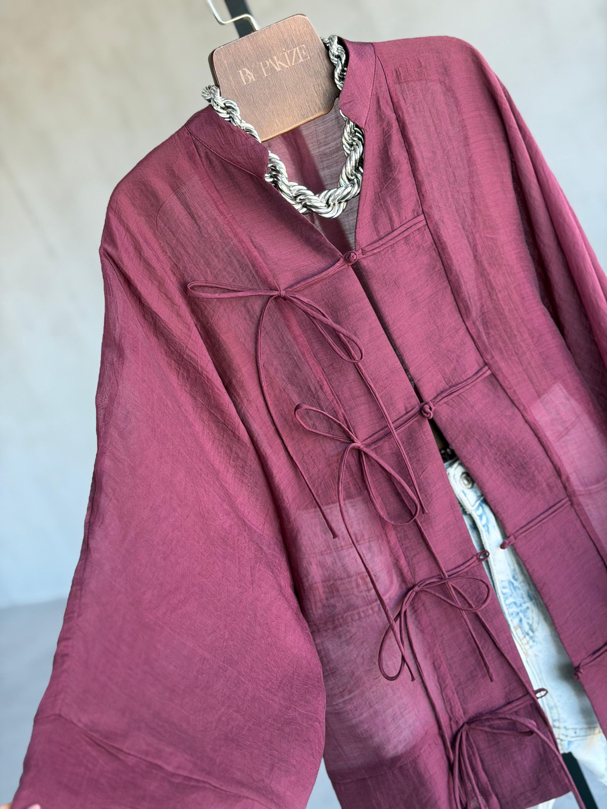 Premium Bağlama Detaylı Kimono Gömlek (Mürdüm)