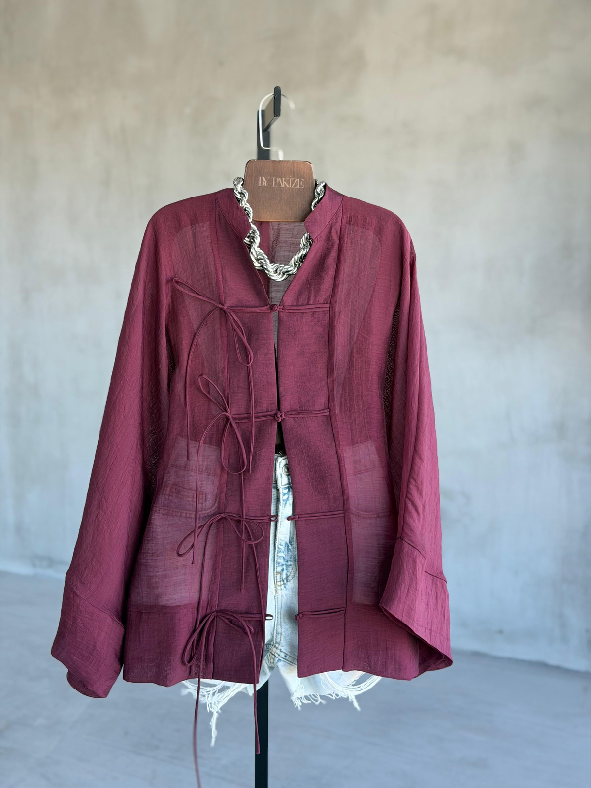 Premium Bağlama Detaylı Kimono Gömlek (Mürdüm)