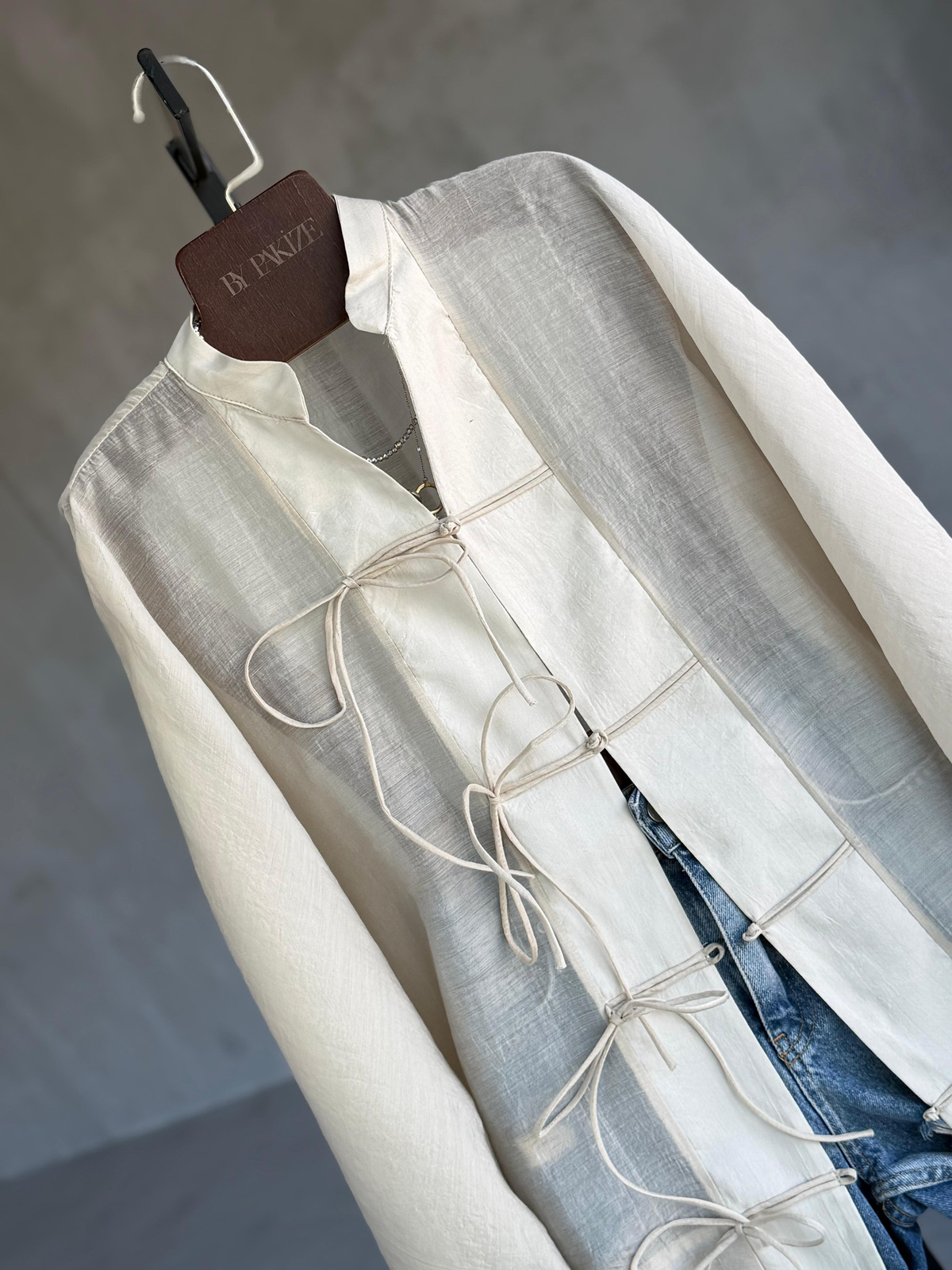 Premium Bağlama Detaylı Kimono Gömlek (Taş)