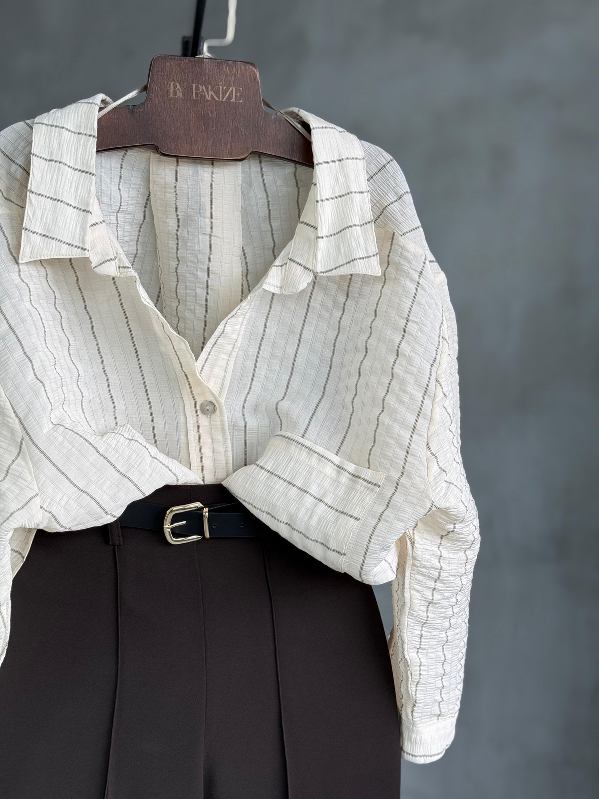 Premium Düşük Omuz Oversize Çizgili Gömlek (Ekru)