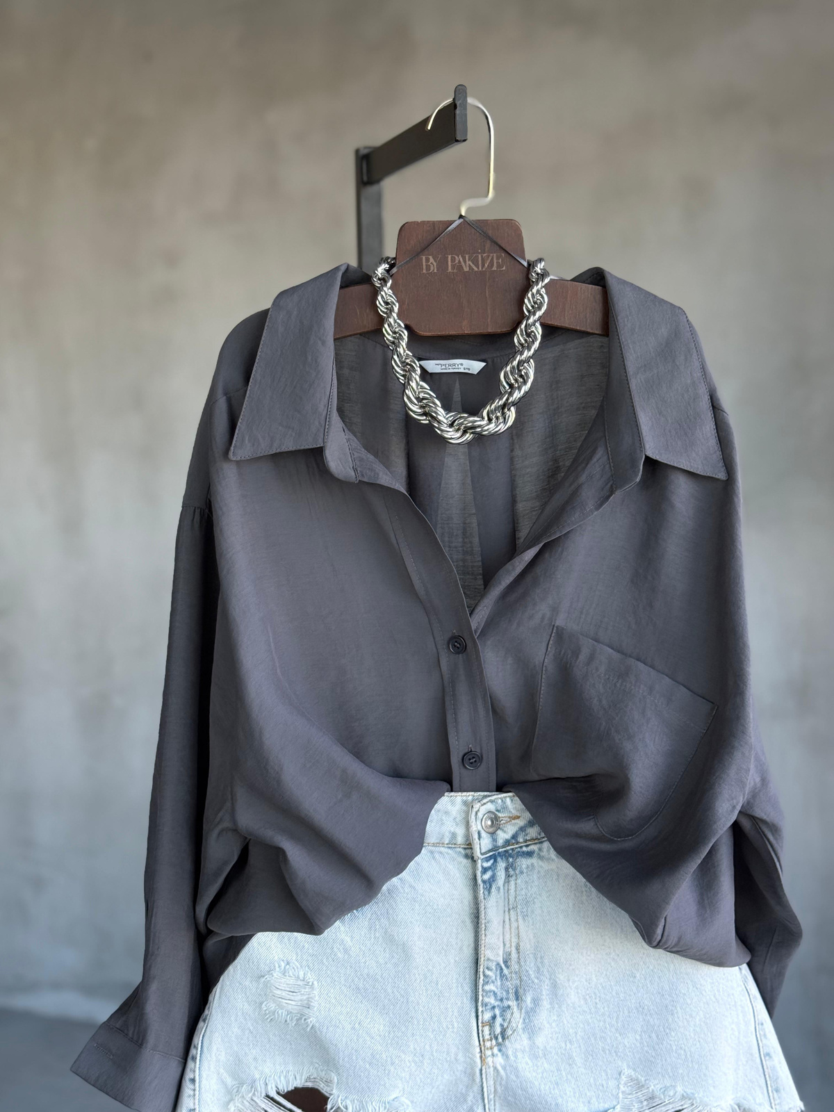 Premium Düşük Omuzlu Oversize Gömlek (Antrasit)