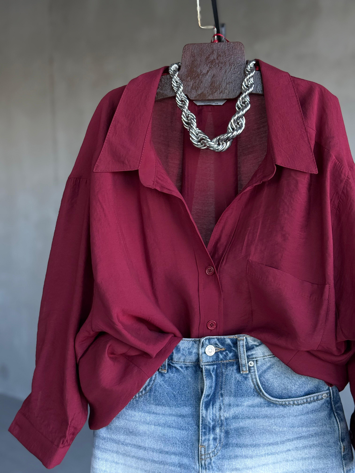 Premium Düşük Omuzlu Oversize Gömlek (Bordo)