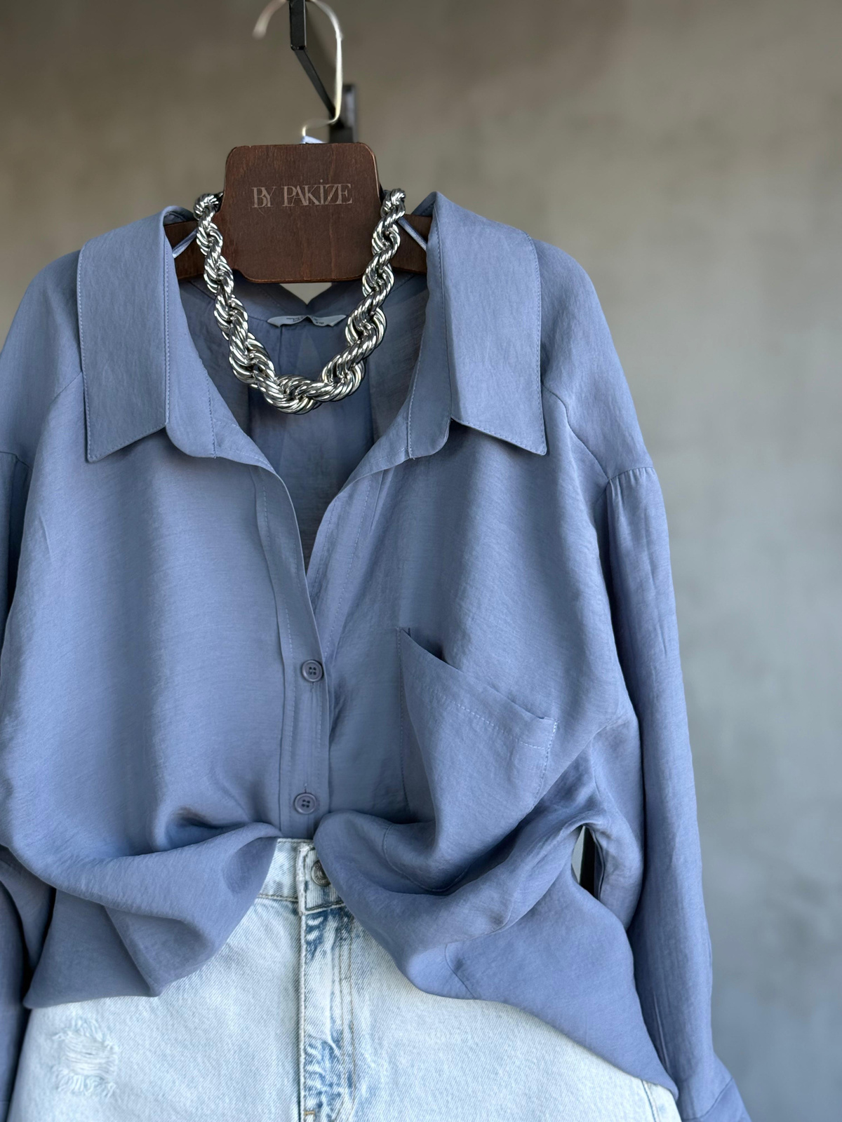 Premium Düşük Omuzlu Oversize Gömlek (Gri-Mavi)