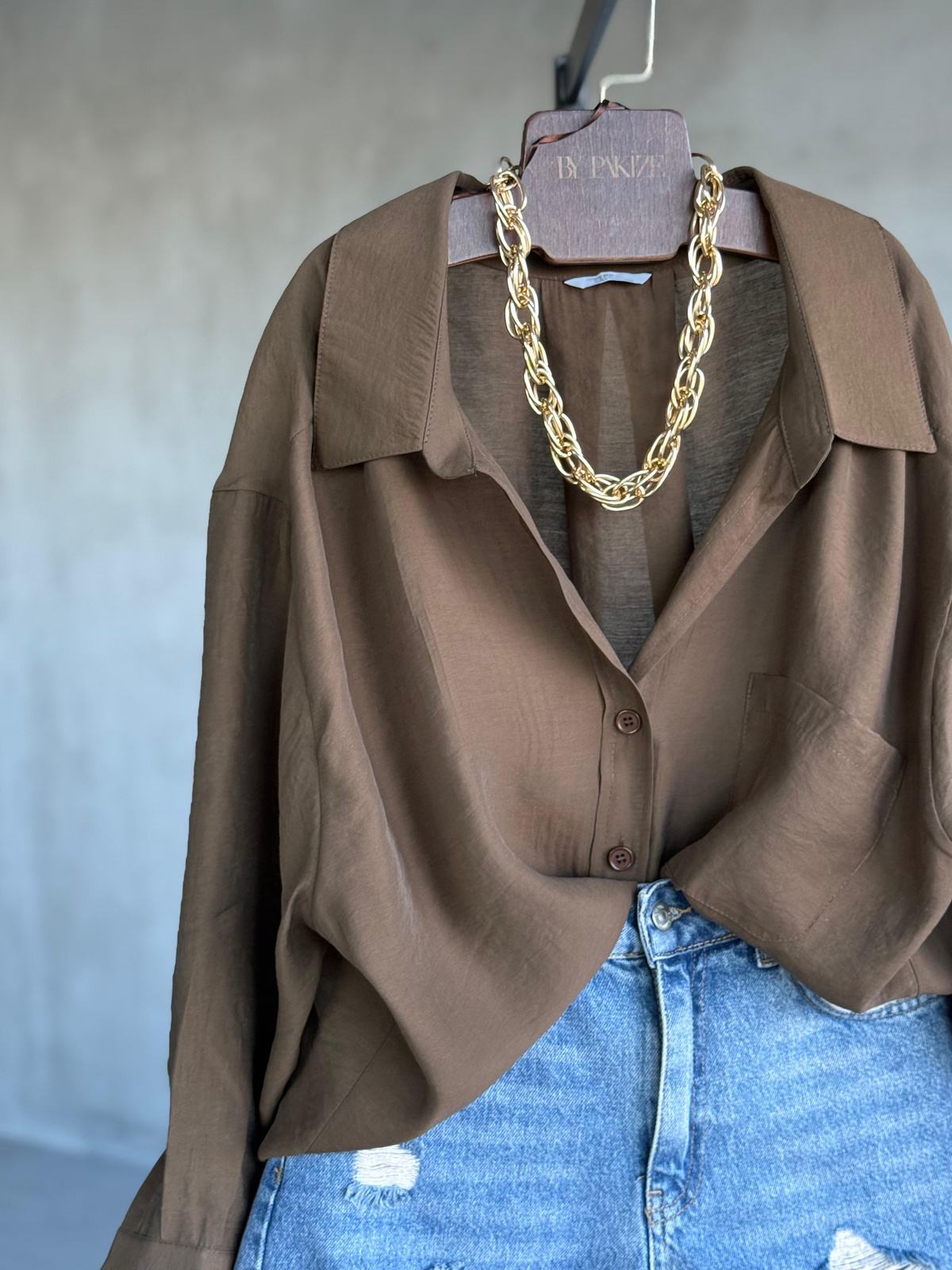 Premium Düşük Omuzlu Oversize Gömlek (Kahve)