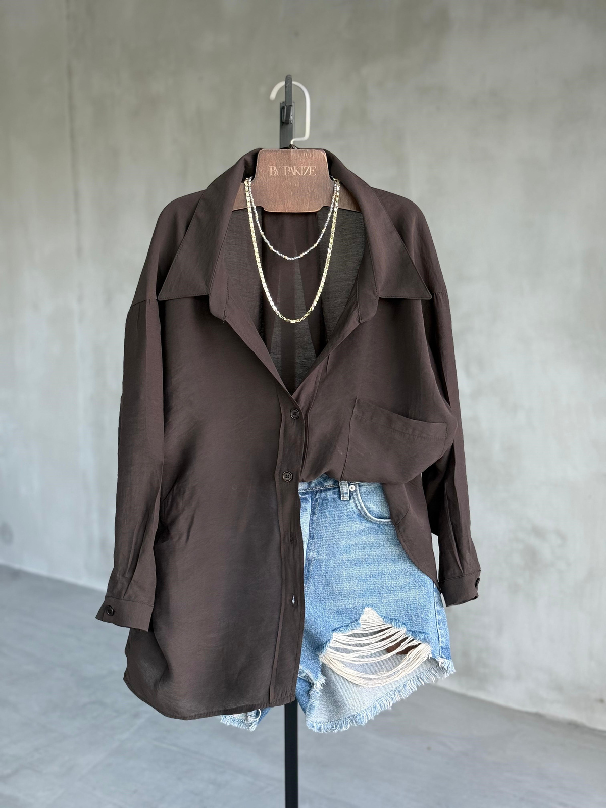 Premium Düşük Omuzlu Oversize Gömlek (Koyu Kahve)