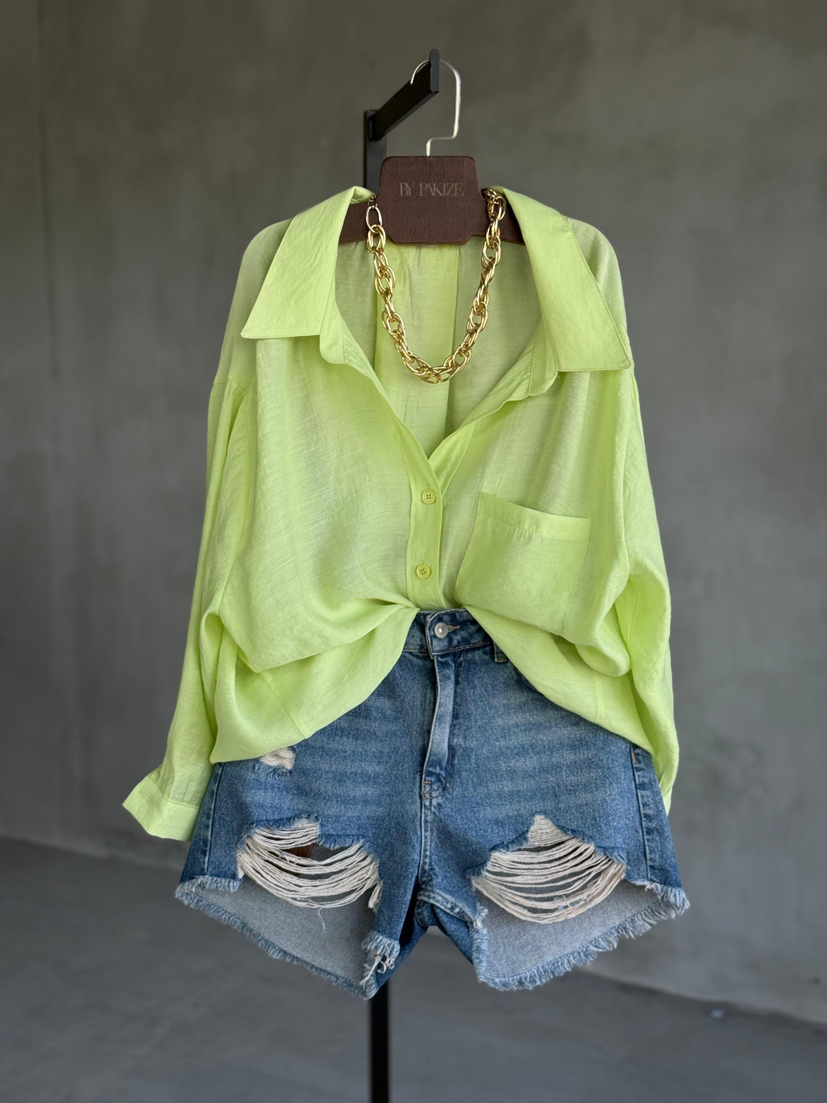 Premium Düşük Omuzlu Oversize Gömlek (Neon Sarısı)