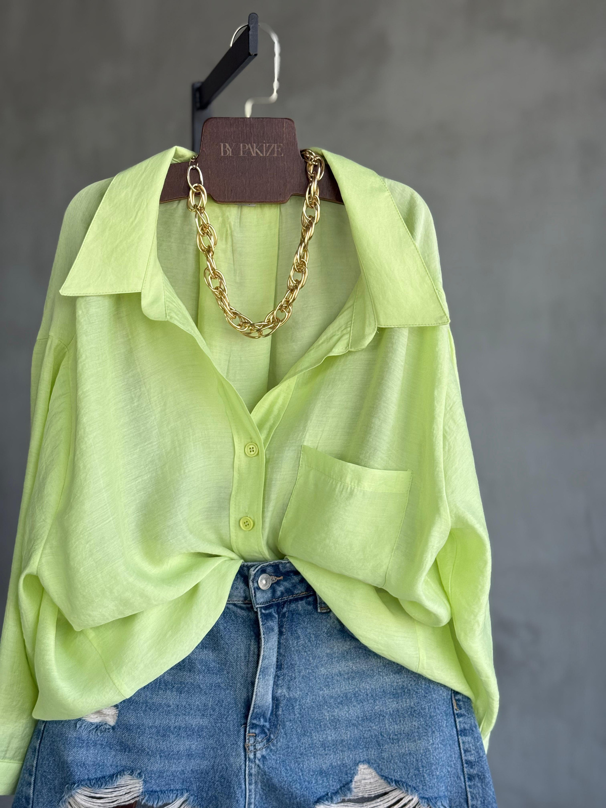 Premium Düşük Omuzlu Oversize Gömlek (Neon Sarısı)