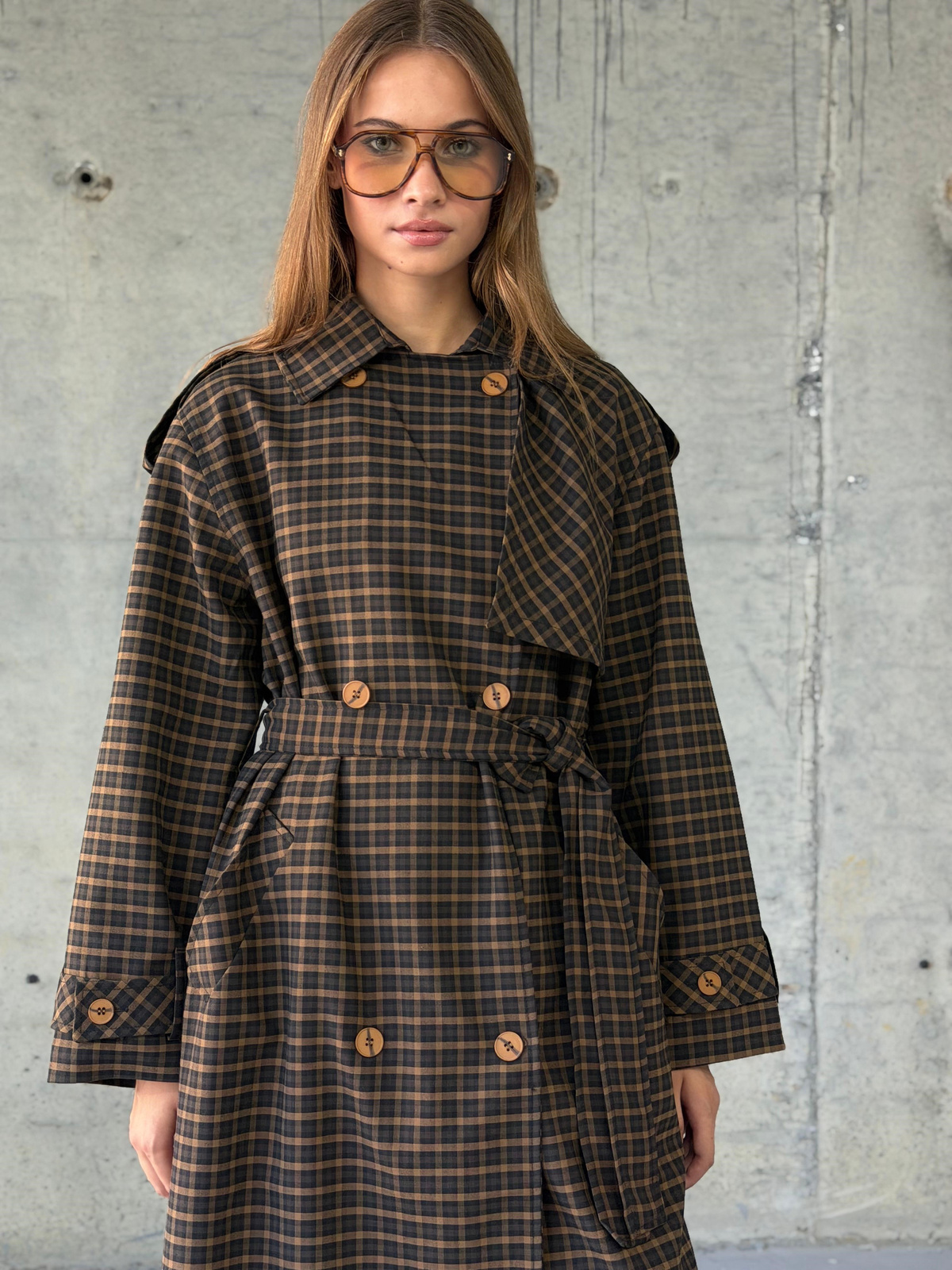 Premium Ekose Oversize Trençkot (Kahve)