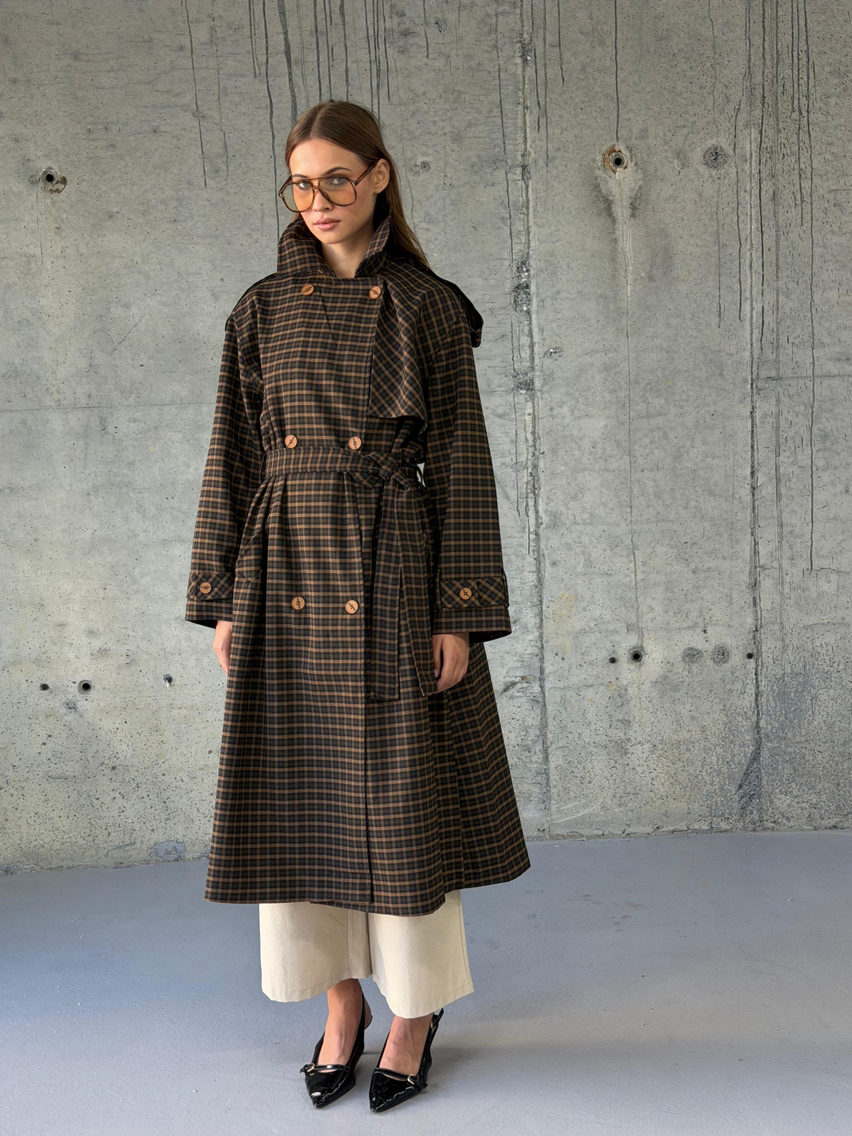 Premium Ekose Oversize Trençkot (Kahve)