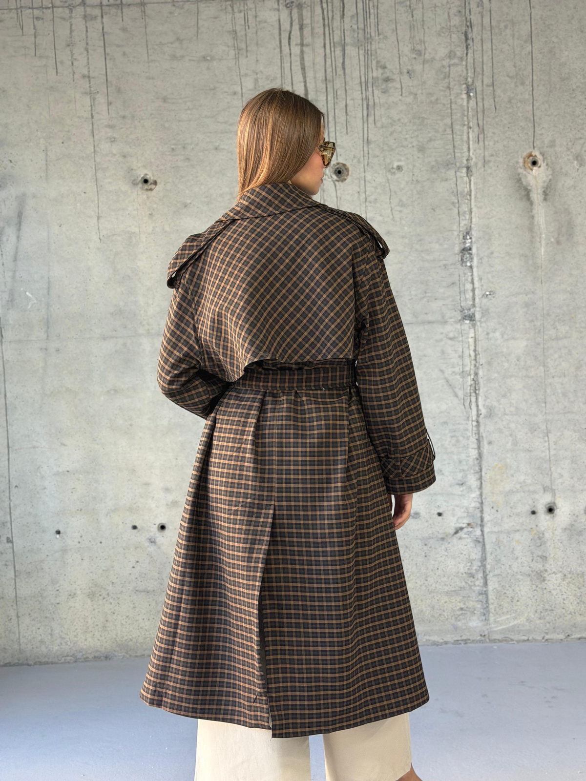 Premium Ekose Oversize Trençkot (Kahve)