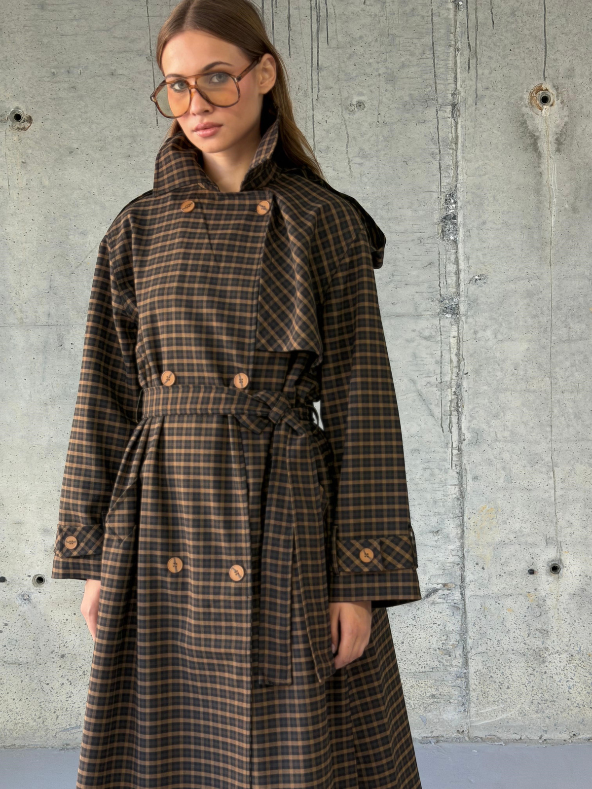 Premium Ekose Oversize Trençkot (Kahve)