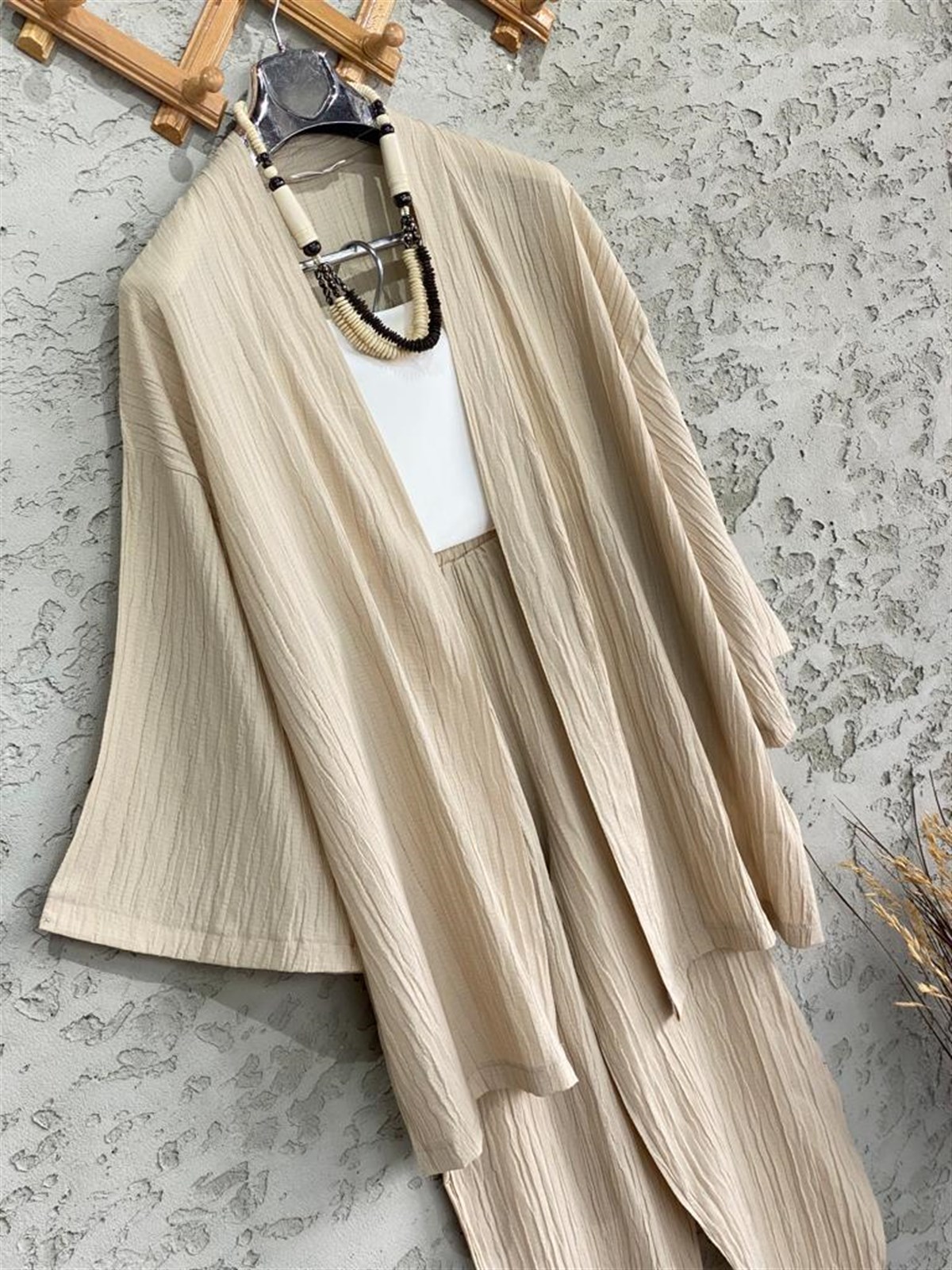 Premium Kalite Gofre Kimono Takım Bej