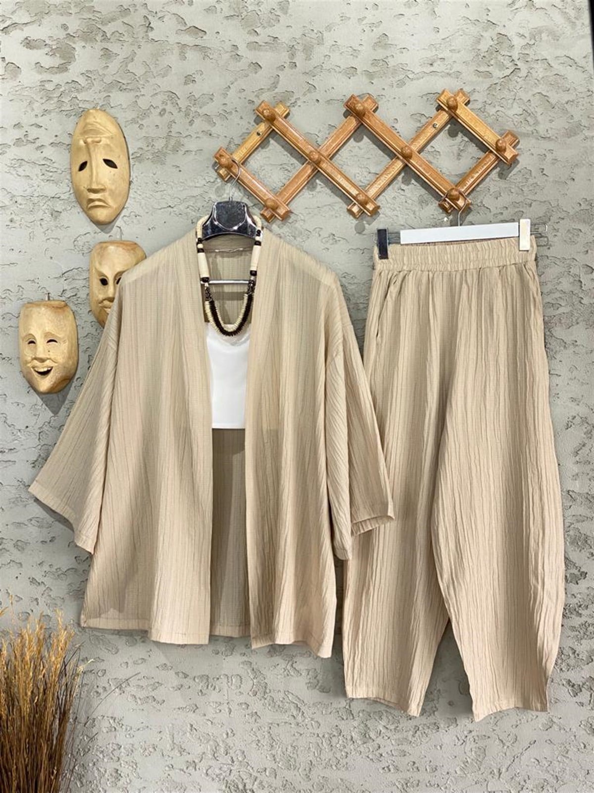 Premium Kalite Gofre Kimono Takım Bej