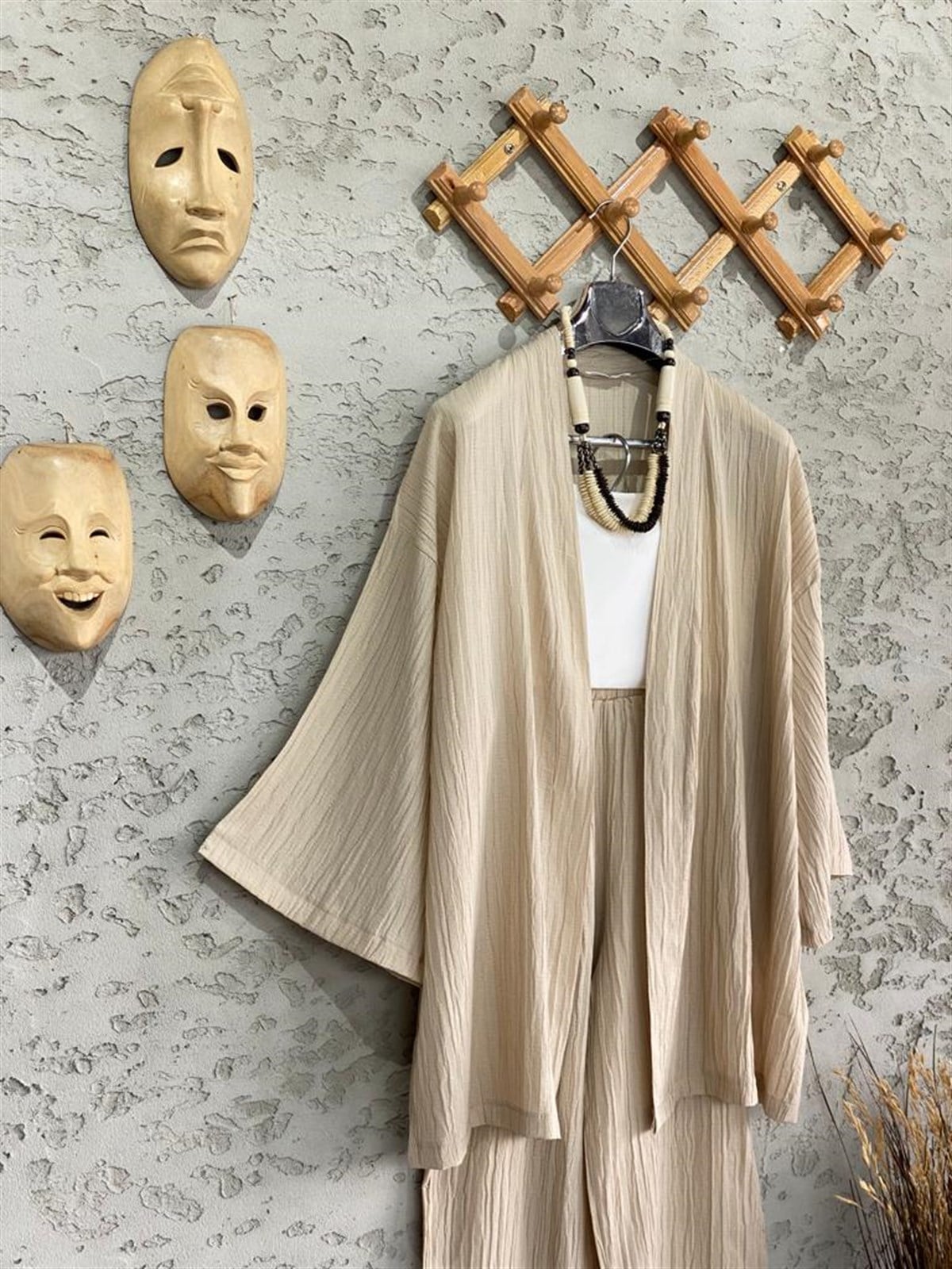 Premium Kalite Gofre Kimono Takım Bej