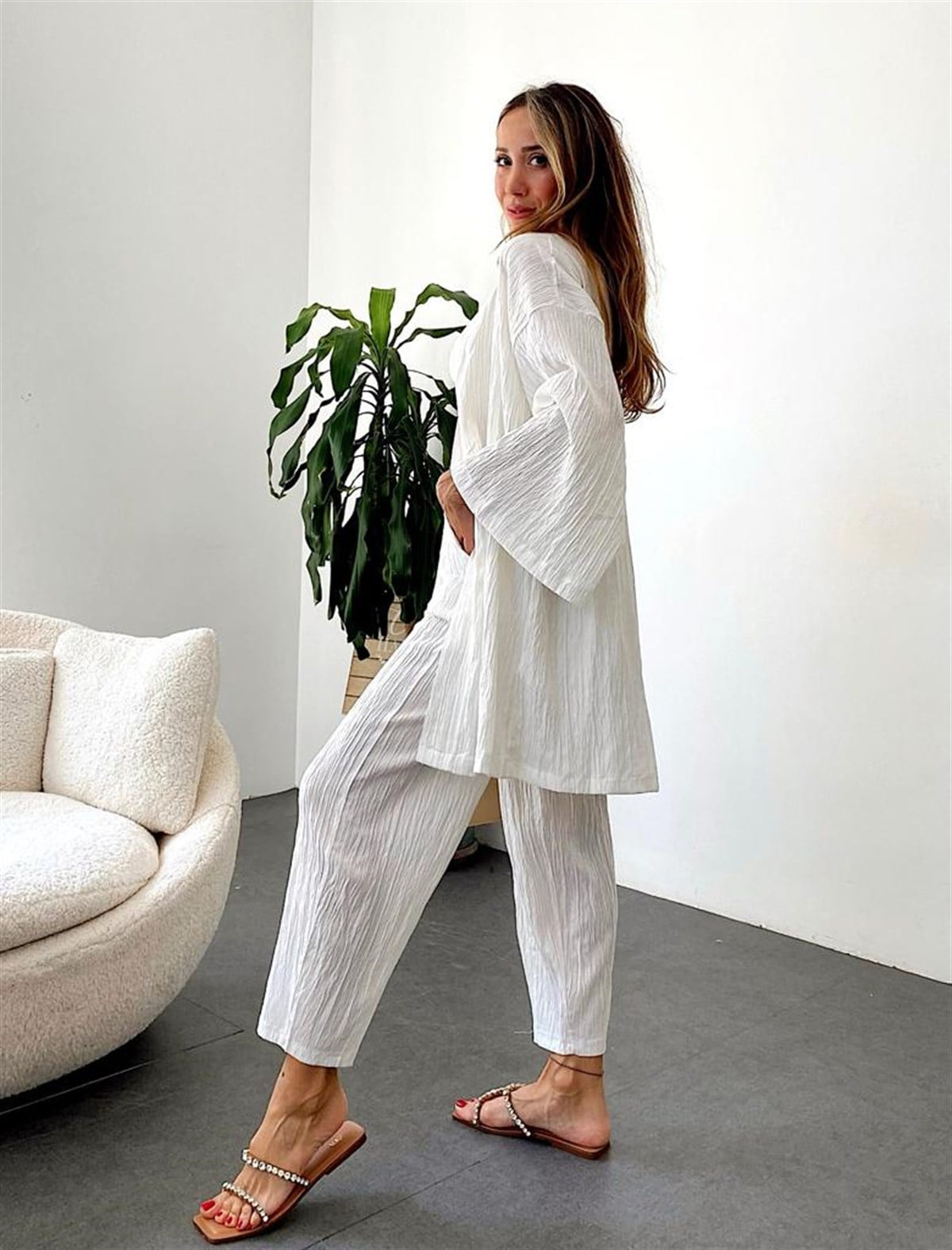 Premium Kalite Gofre Kimono Takım Ekru