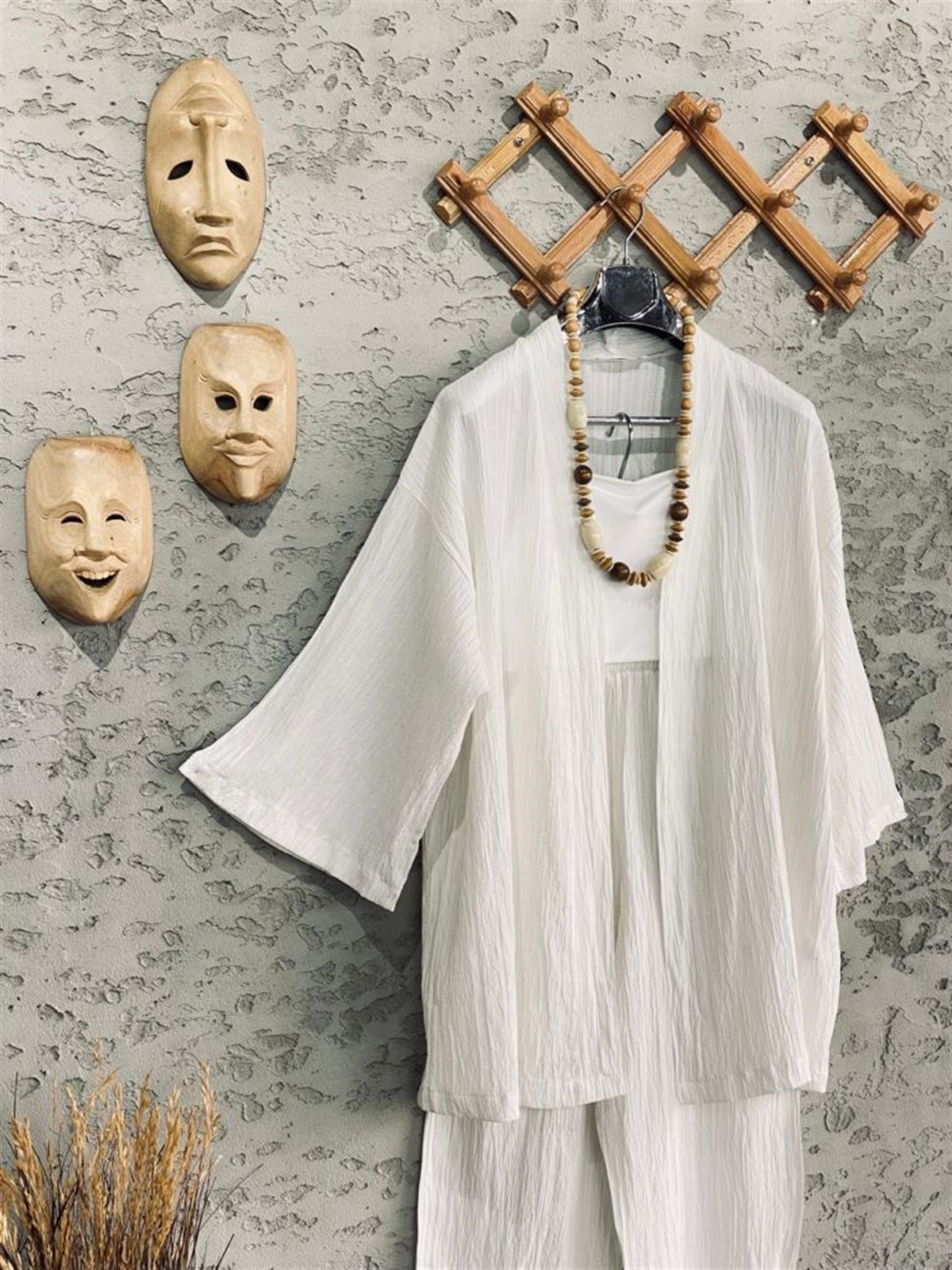 Premium Kalite Gofre Kimono Takım Ekru