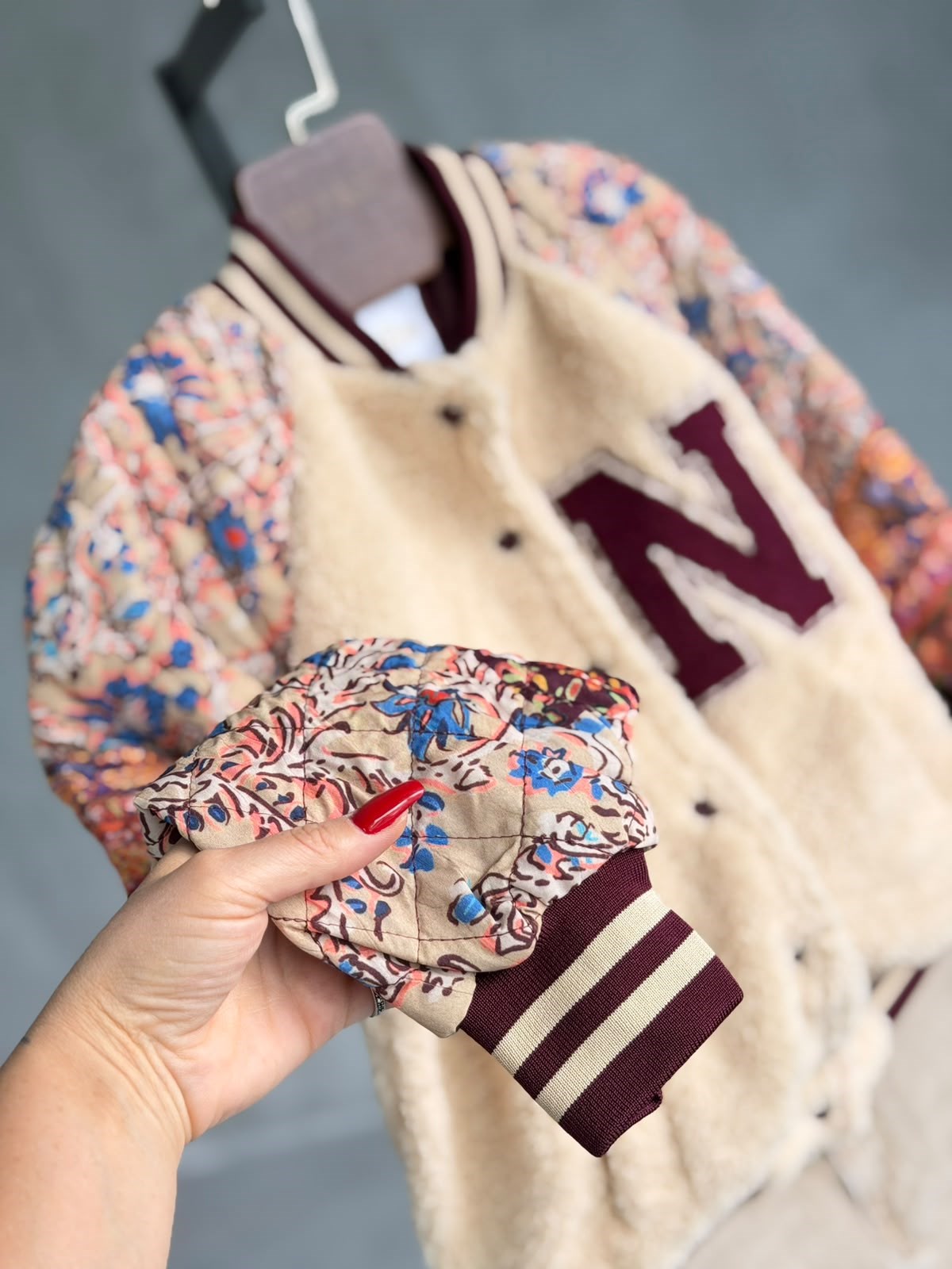 Premium Kapitone Kollu Peluş Kolej Mont (Bordo)