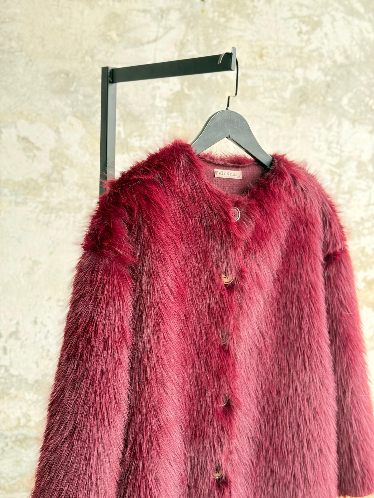 Premium Oversize Peluş Kürk Ceket (Bordo) 