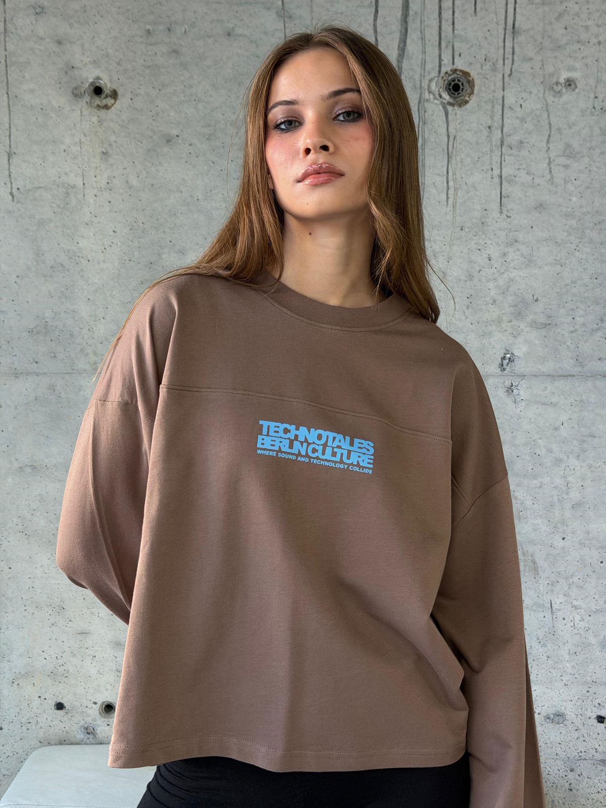 Premium Oversize Yazı Baskılı Sweatshirt (Kahve)