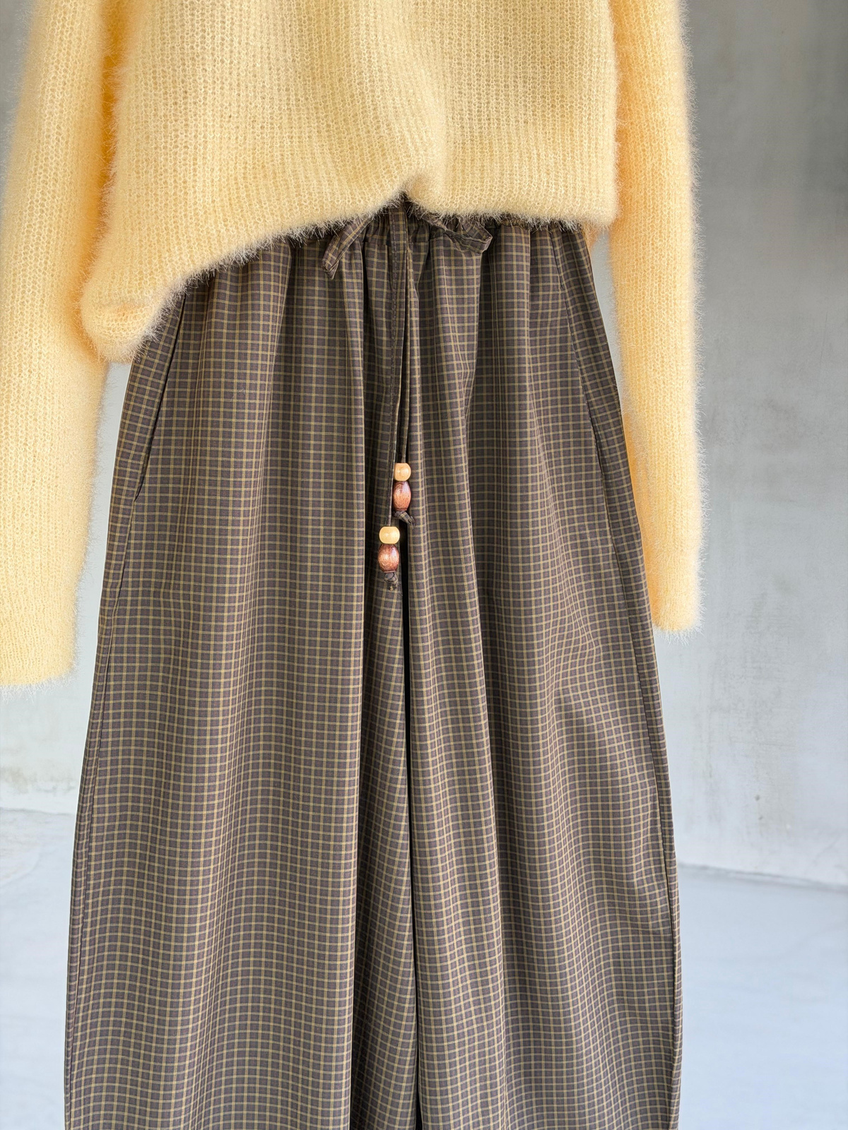 Premium Pötikare Desenli Ahşap Boncuk Bağcıklı Şalvar Pantolon (Olive)