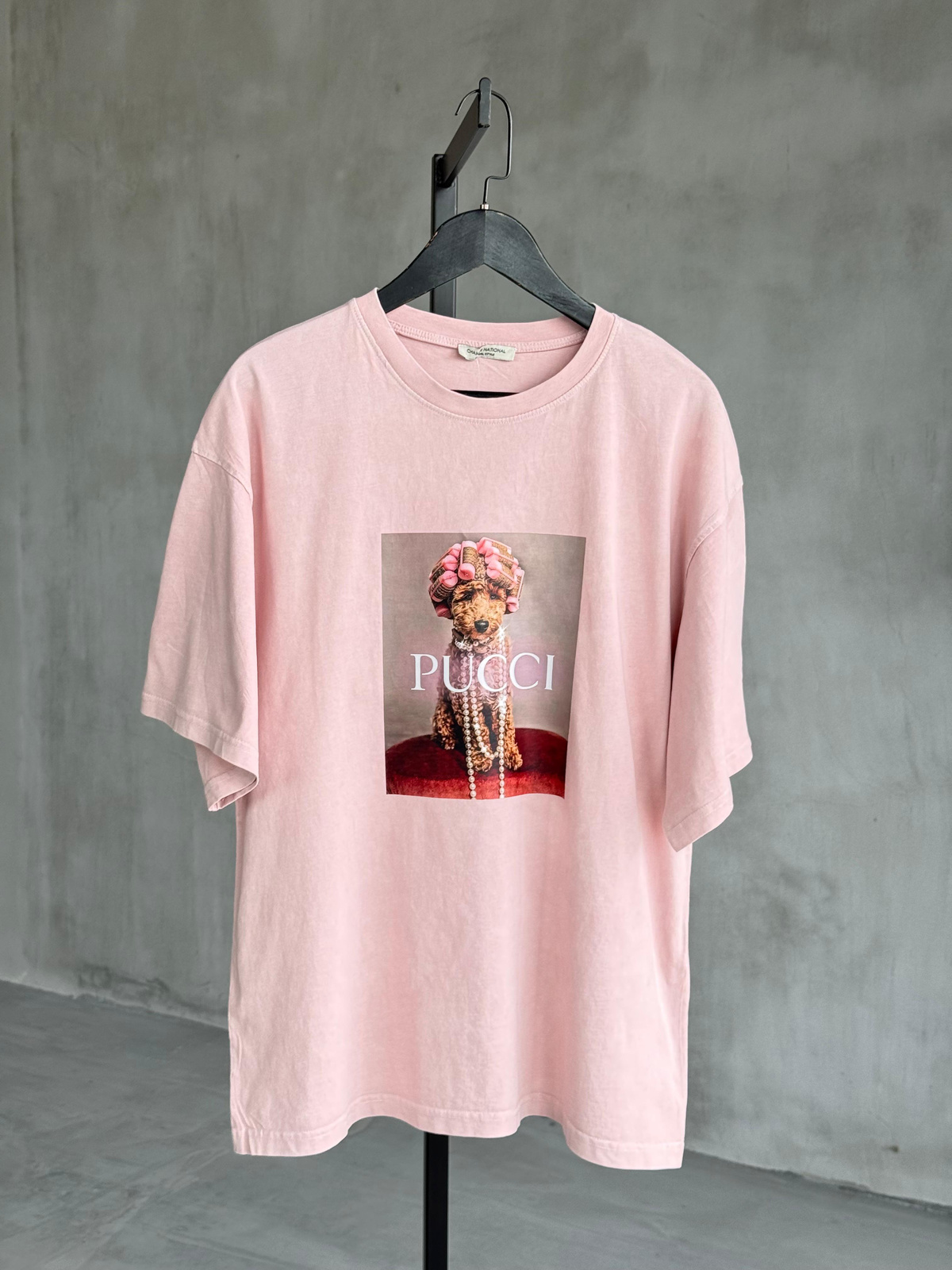 Pucci Poodle Baskılı Taş Yıkamalı Oversize Dokuma Tişört (Pudra)