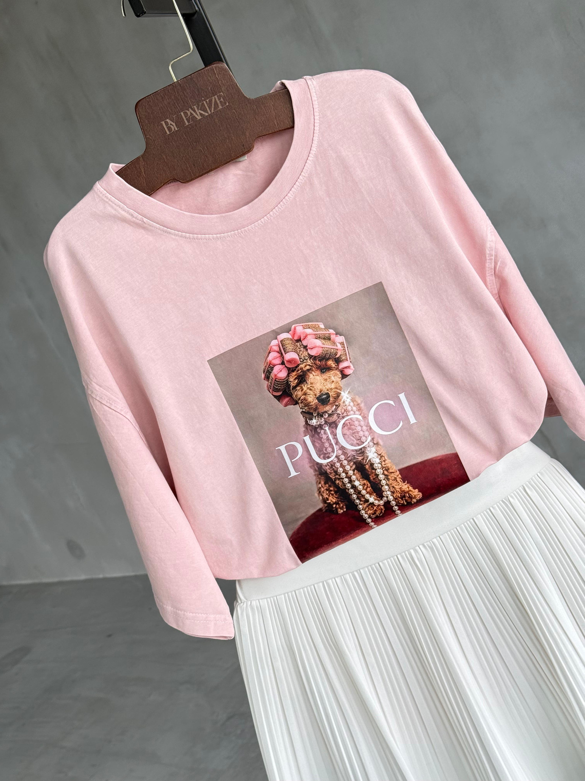 Pucci Poodle Baskılı Taş Yıkamalı Oversize Dokuma Tişört (Pudra)