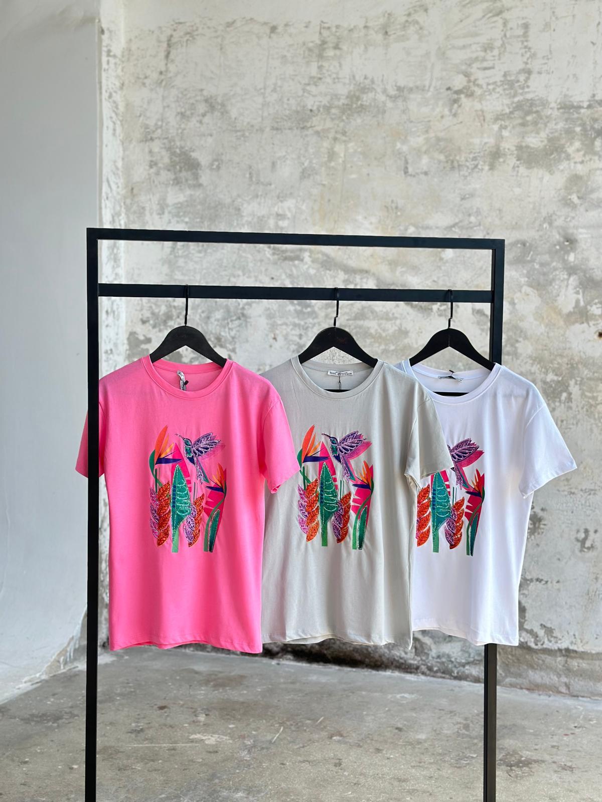 Pul Payet İşçilikli Kuş Desenli Tişört (Pembe/Gri/Beyaz)