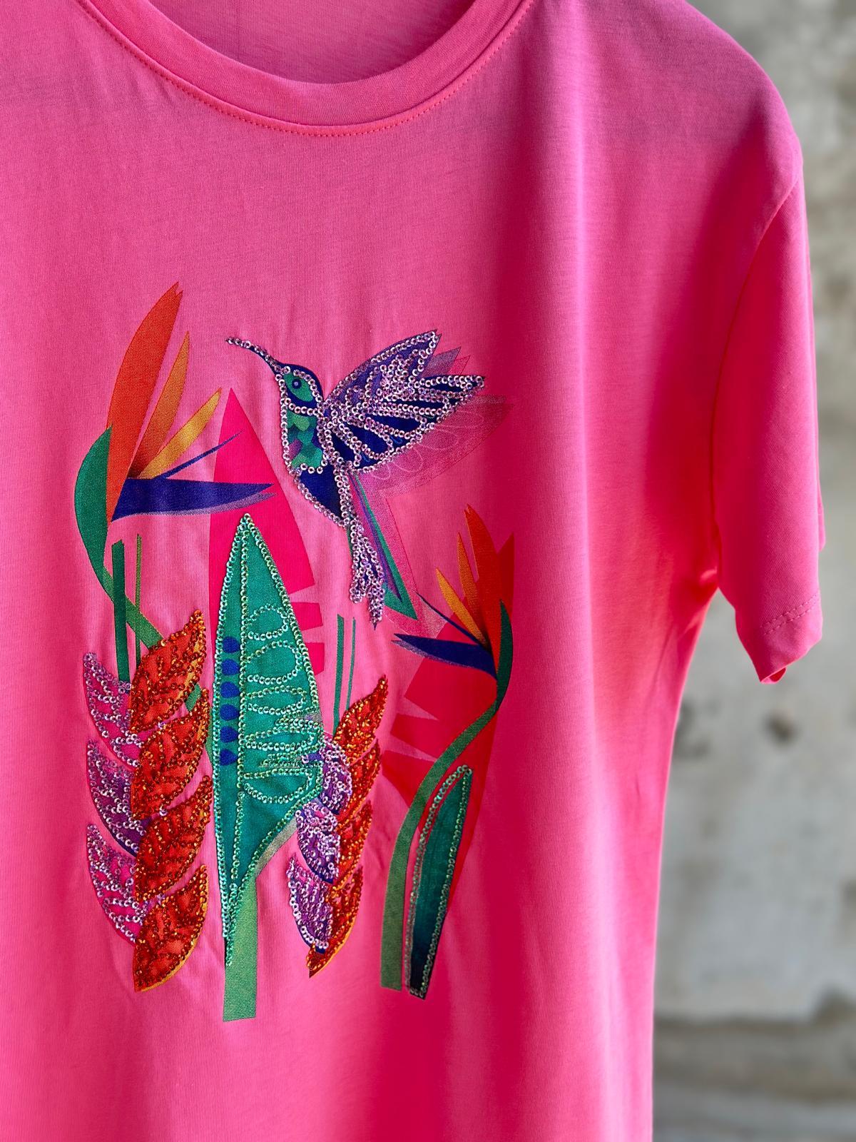 Pul Payet İşçilikli Kuş Desenli Tişört (Pembe/Gri/Beyaz)