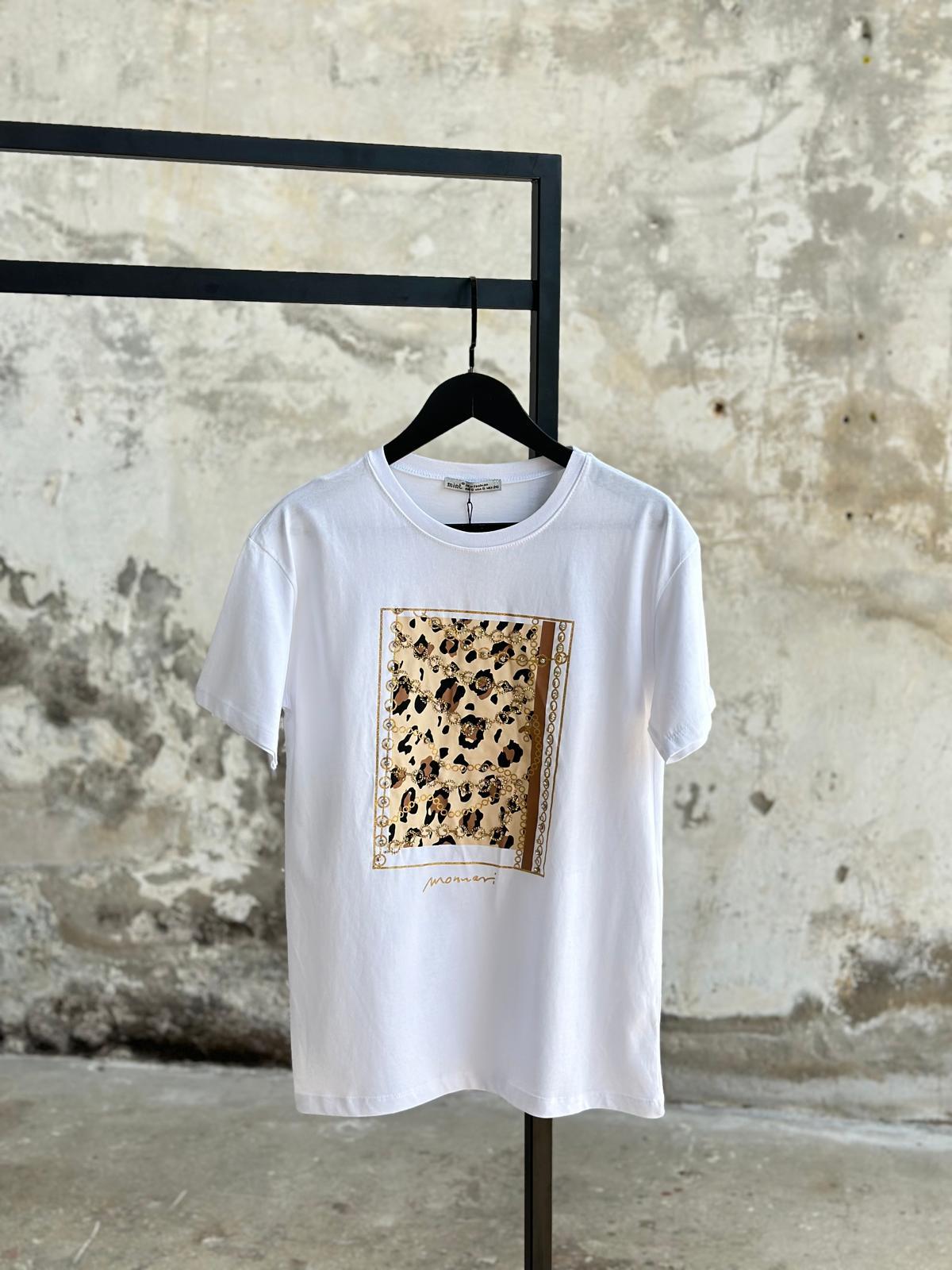 Pul Payet İşçilikli Leopar Desen Tişört (Beyaz/Siyah)