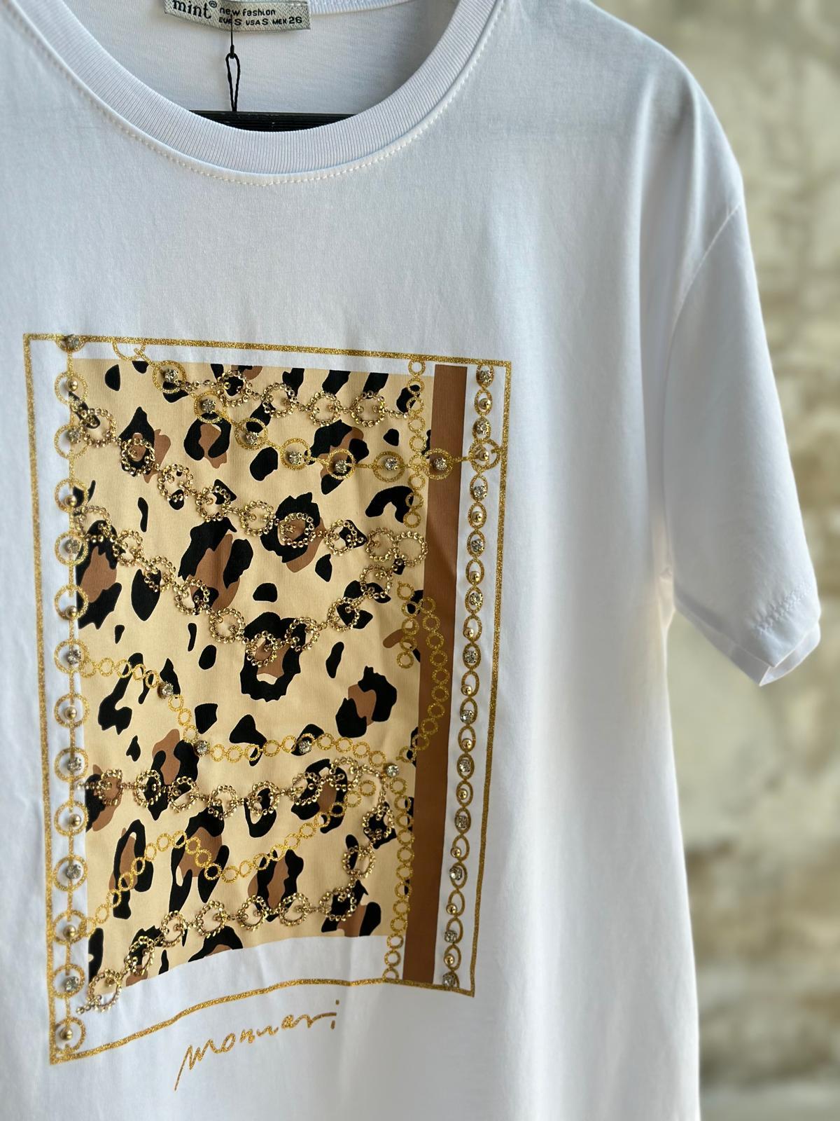 Pul Payet İşçilikli Leopar Desen Tişört (Beyaz/Siyah)