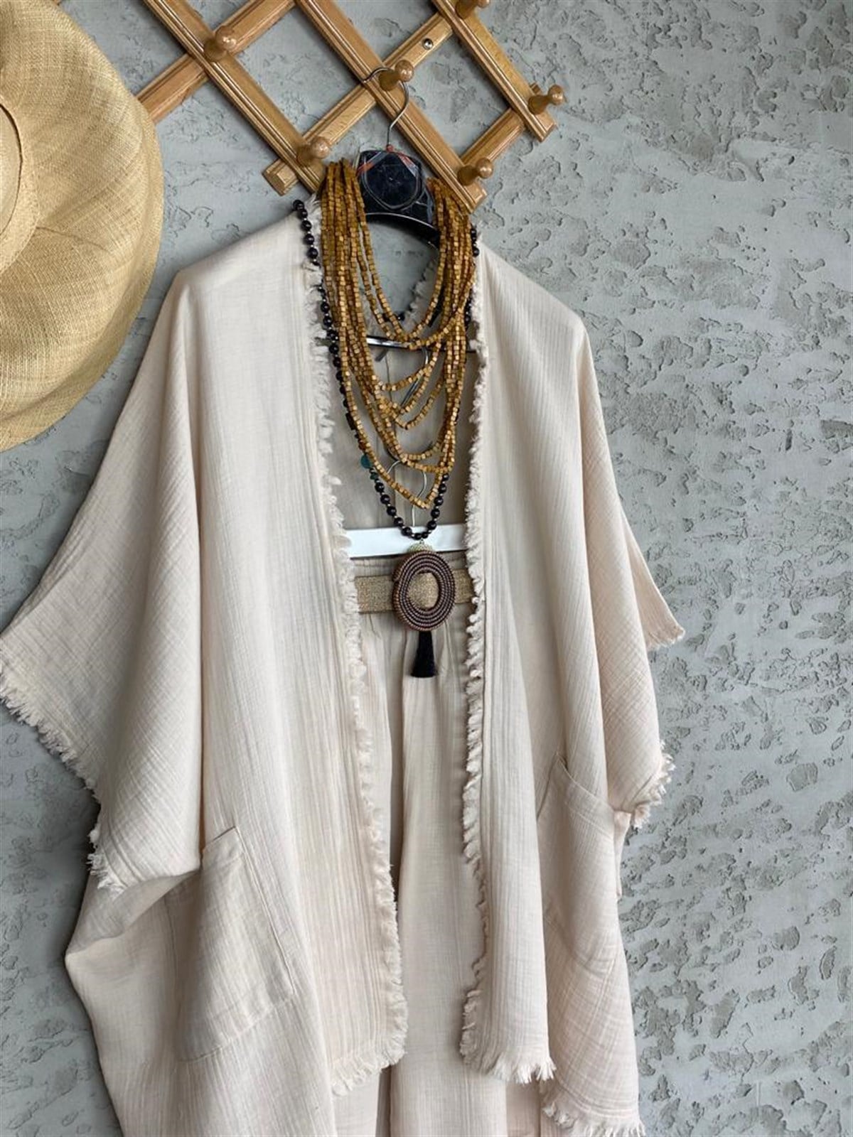 Püsküllü Kimono Pantolon Takım (Ekru)
