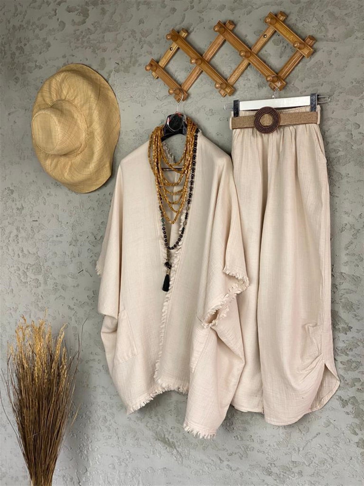Püsküllü Kimono Pantolon Takım (Ekru)