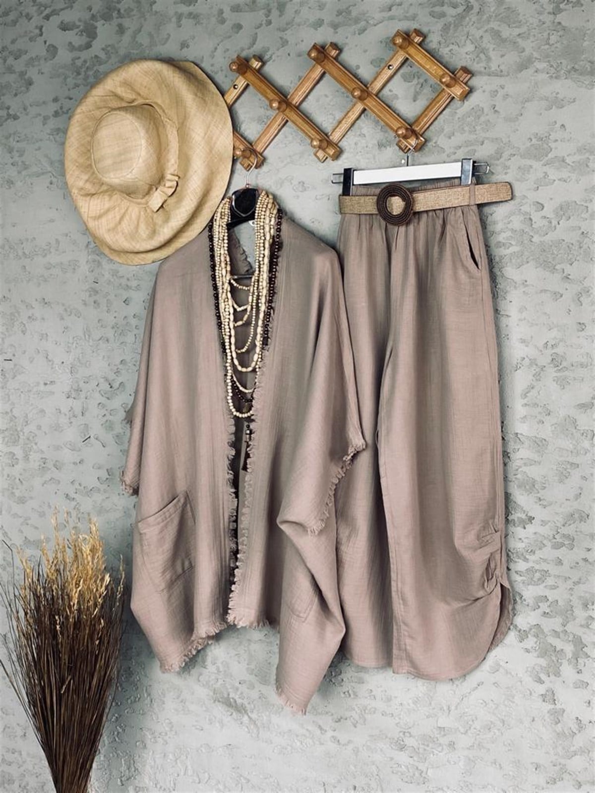 Püsküllü Kimono Pantolon Takım (Taş Rengi)