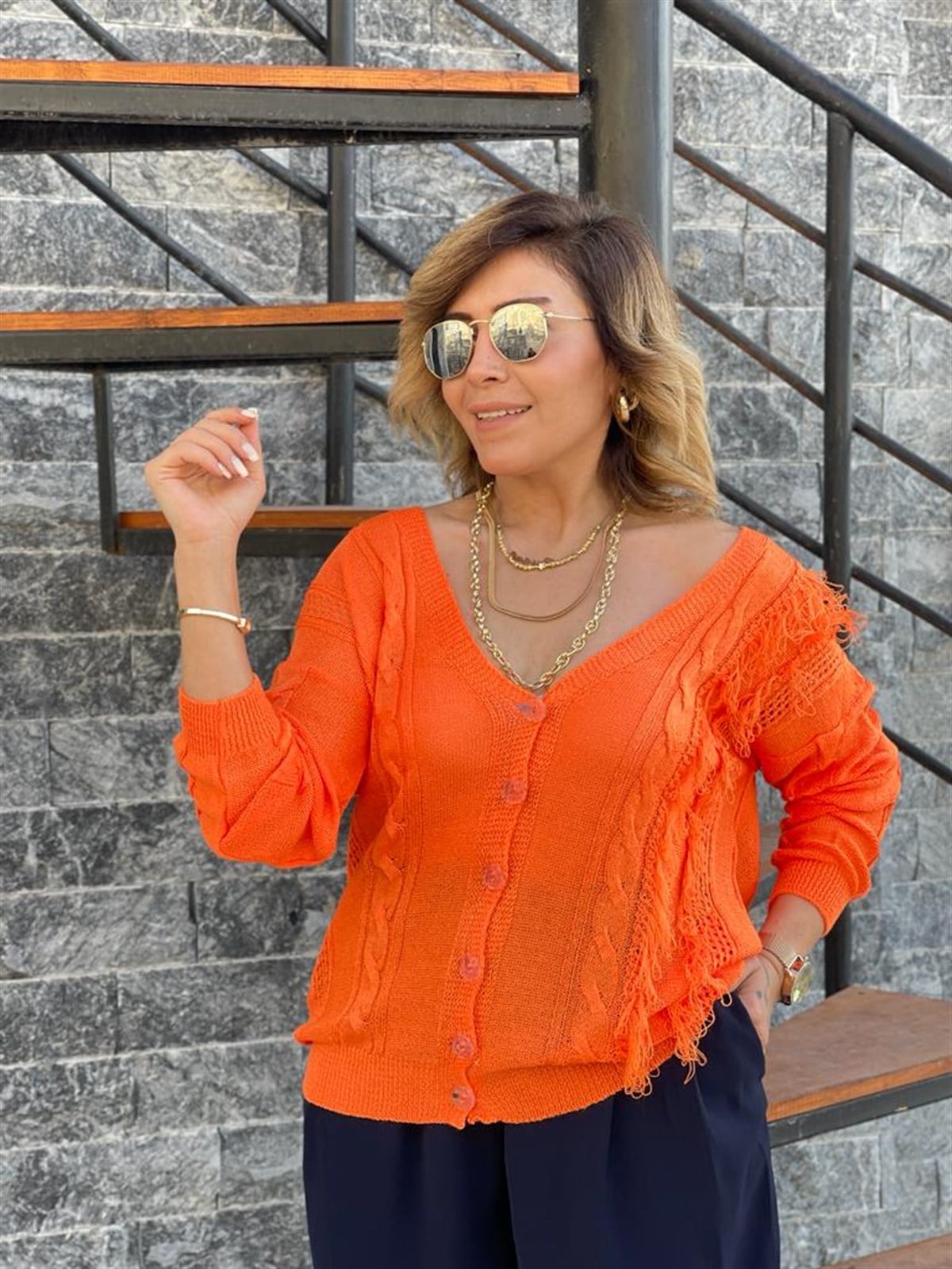 Püsküllü Merserize Hırka (Oranj)