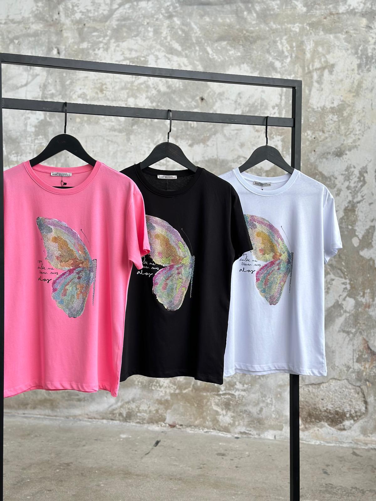 Renk Geçişli Kristal Taş İşlemeli Kelebek Desen Tişört (Pembe)
