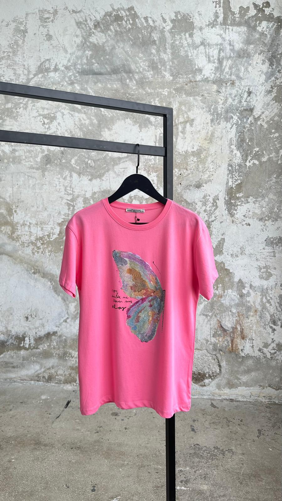 Renk Geçişli Kristal Taş İşlemeli Kelebek Desen Tişört (Pembe)