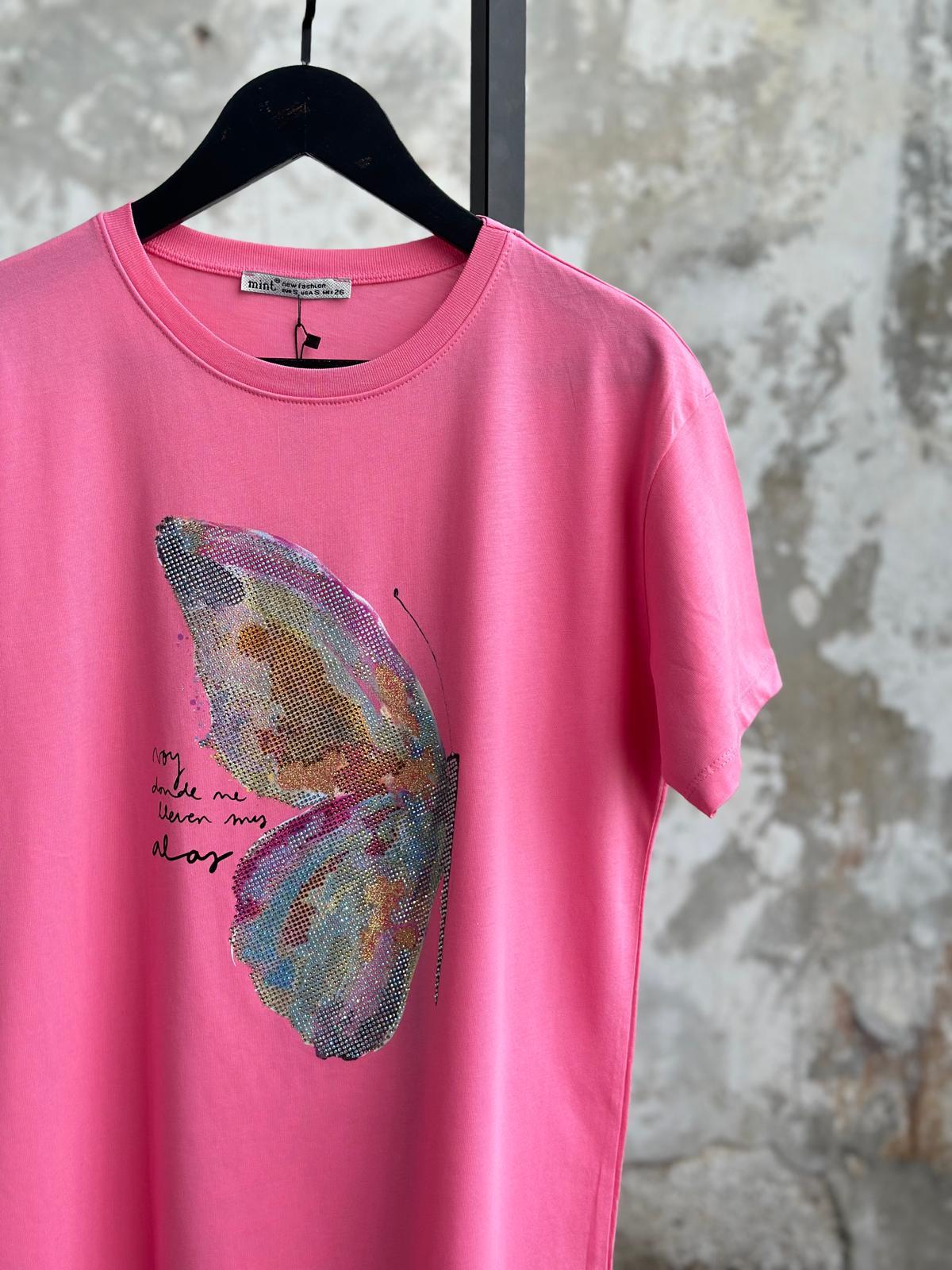 Renk Geçişli Kristal Taş İşlemeli Kelebek Desen Tişört (Pembe)