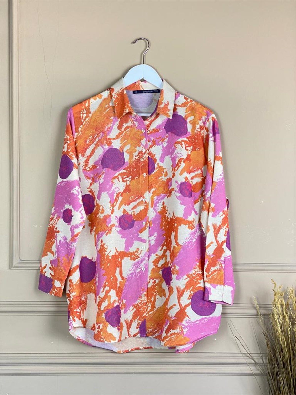 Renkli Baskı Dünyası Oversize Kesim Keten Gömlek (Oranj)