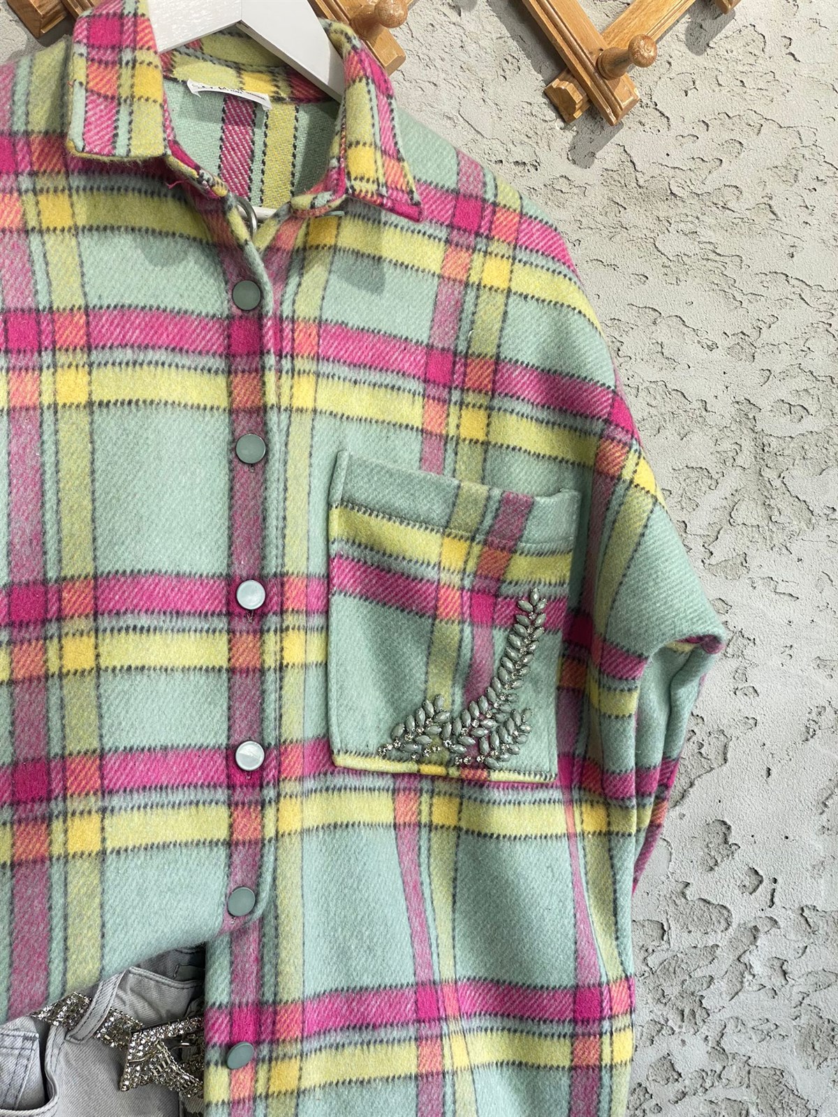 Renkli Bloklu Oduncu Gömlek (Mint Yeşili)