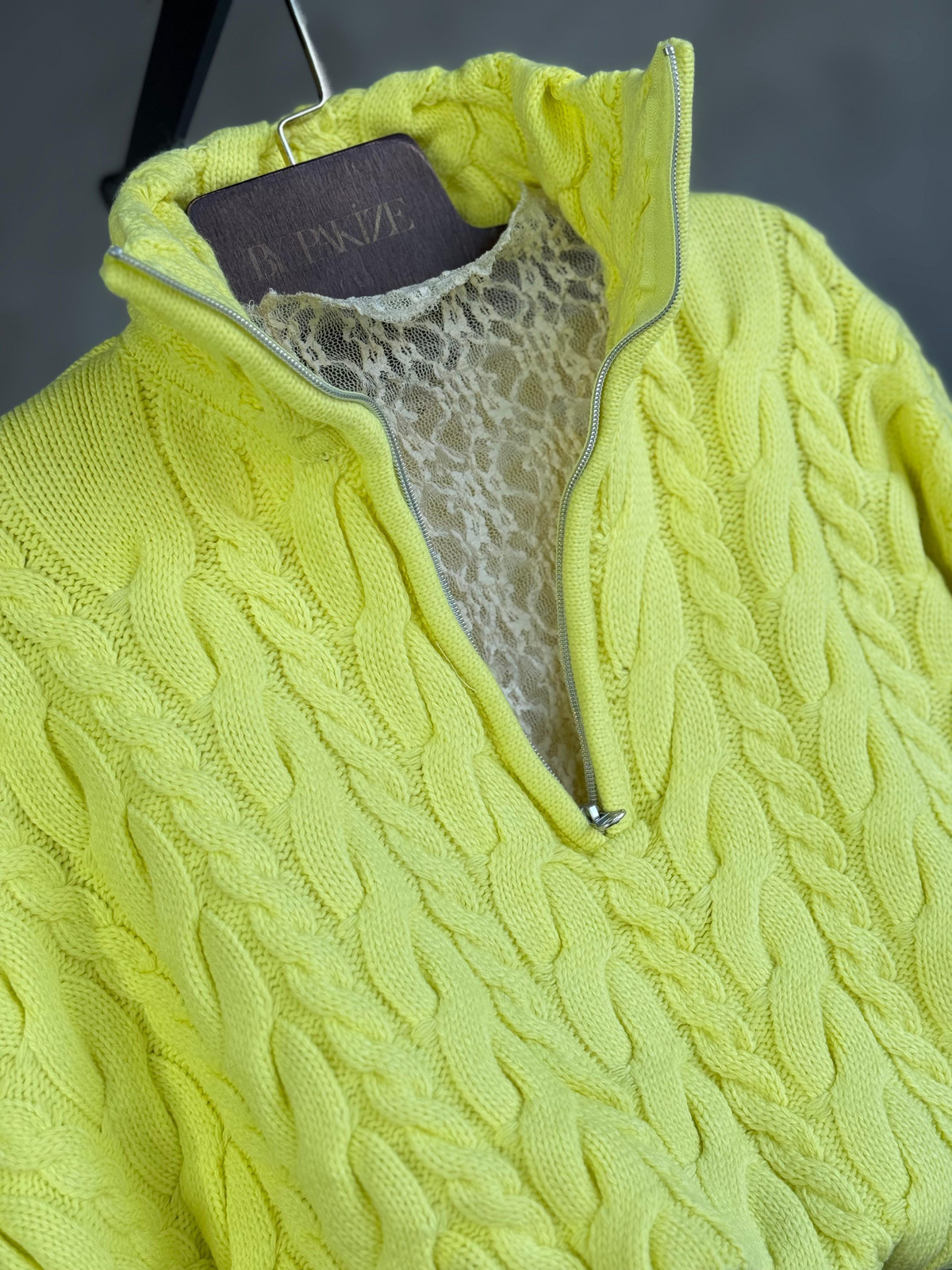 Saç Örgü Fermuarlı Oversize Kazak (Fıstık Yeşili)