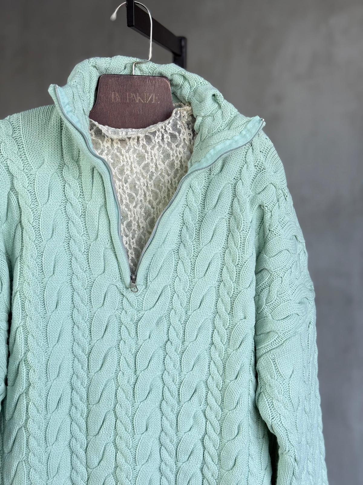 Saç Örgü Fermuarlı Oversize Kazak (Mint)