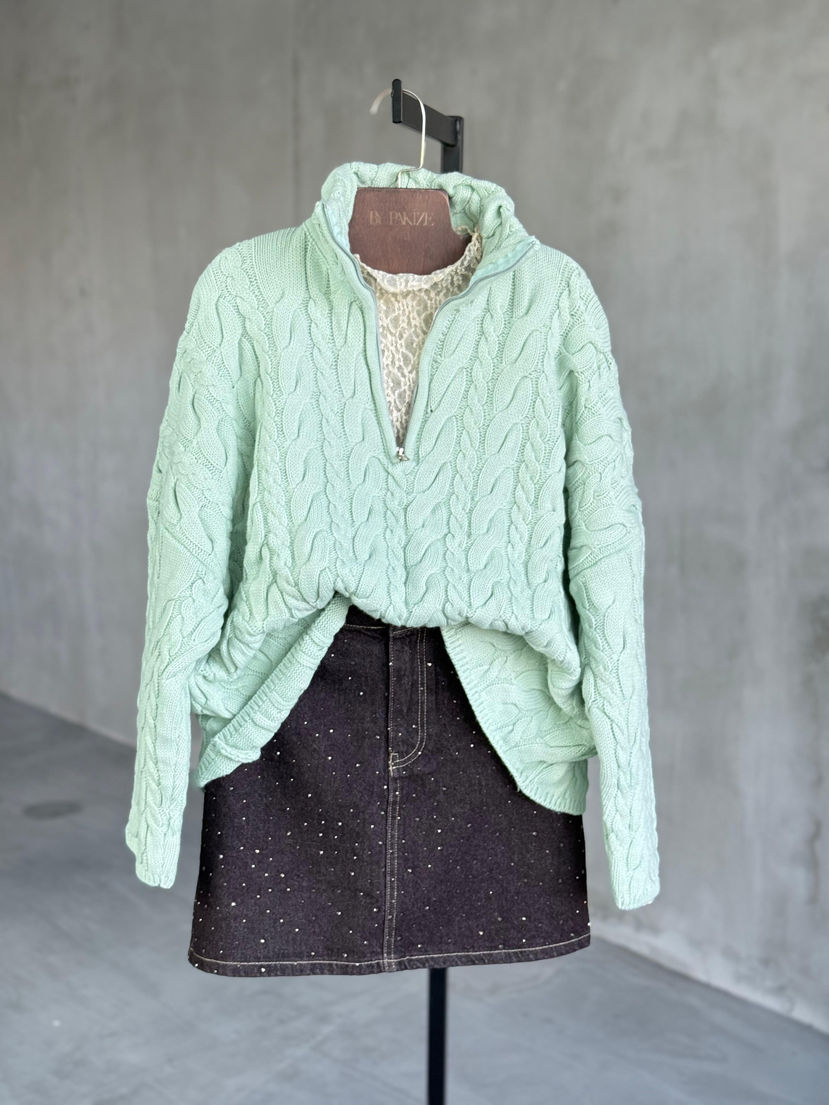 Saç Örgü Fermuarlı Oversize Kazak (Mint)