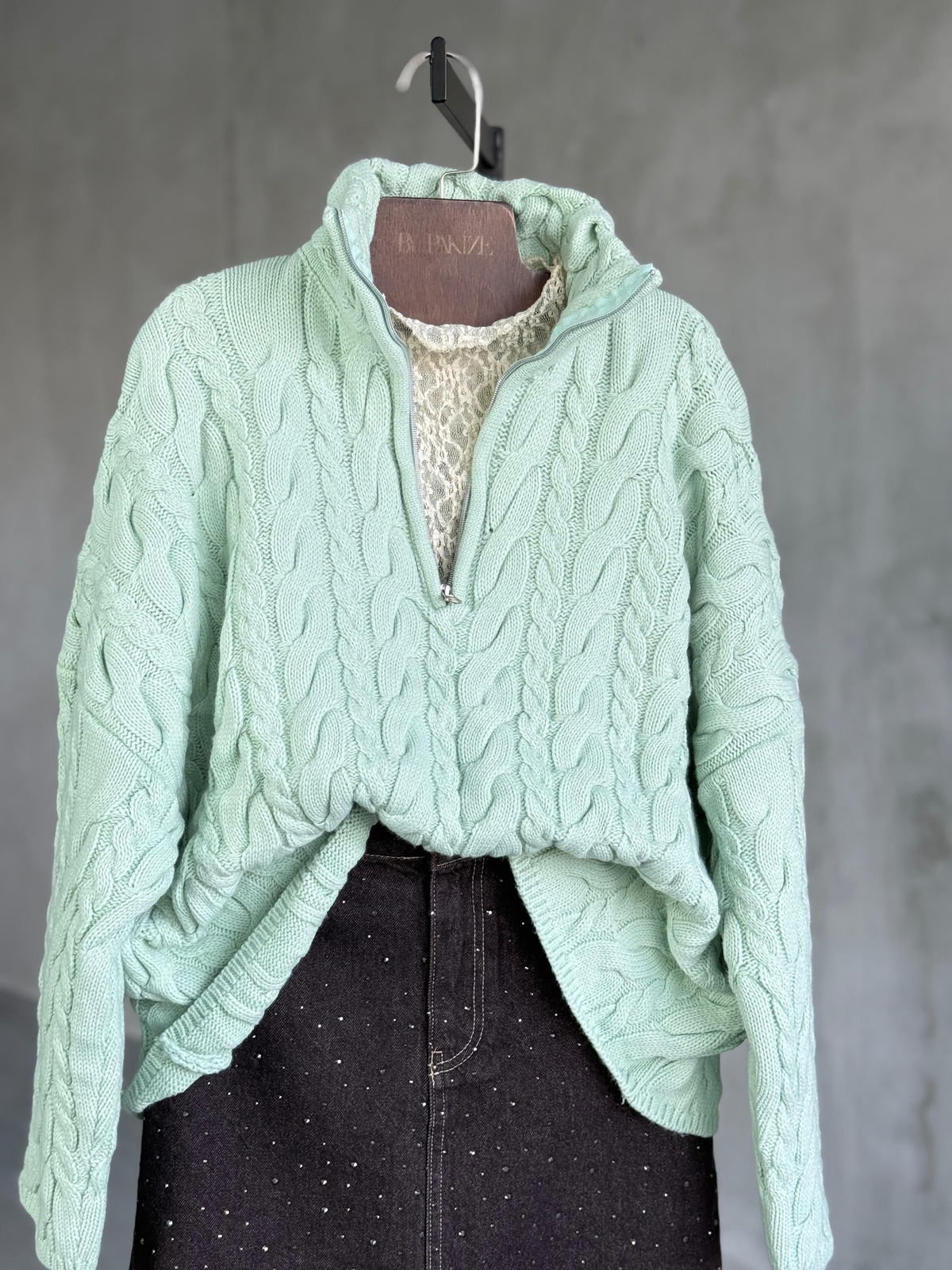 Saç Örgü Fermuarlı Oversize Kazak (Mint)