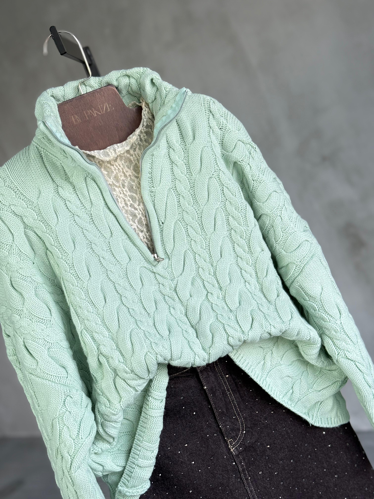 Saç Örgü Fermuarlı Oversize Kazak (Mint)