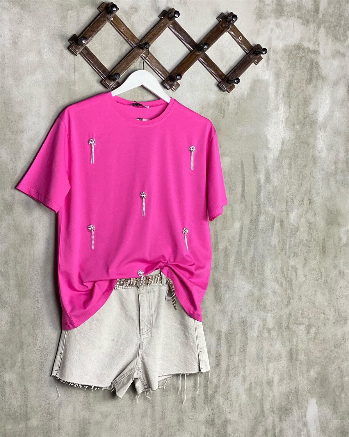 Salkım Kristal Taş İşçilik Tişört (Pembe)