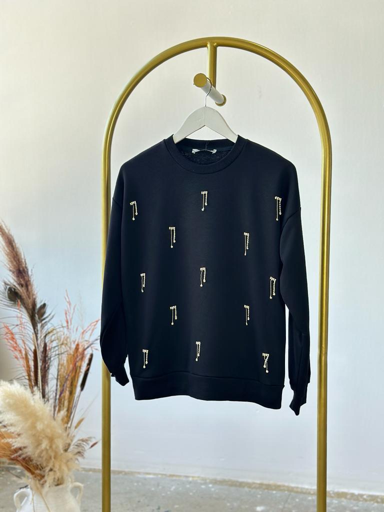 Salkım Kristal Taş İşçilikli Sweat (Siyah)