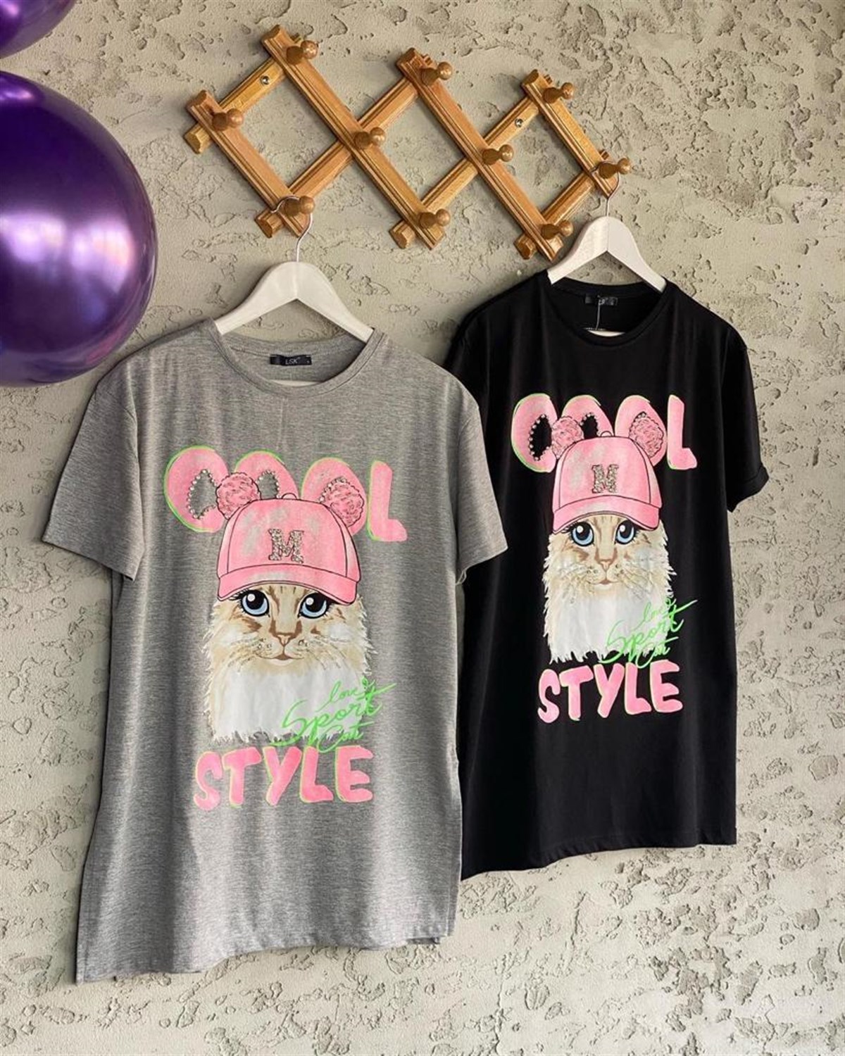 Şapkalı Kedi Taş İşlemeli Tshirt (Gri)
