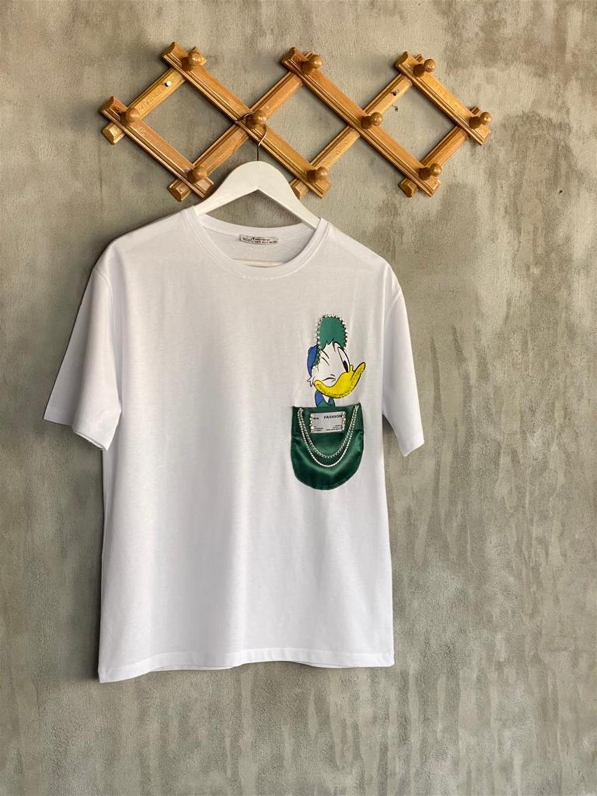 Saten Cep Taş İşlemeli Daffy Duck Kadın Tişört (Beyaz)
